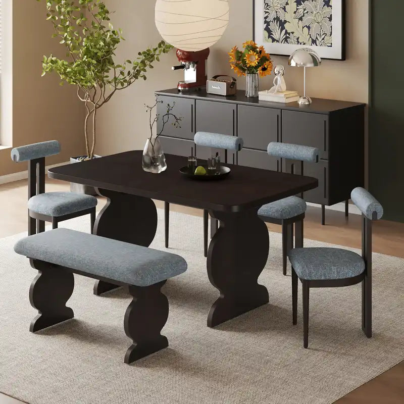 60" 6-Piece Mid-Century Modern Dining Table Set With 4 Chairs and Bench