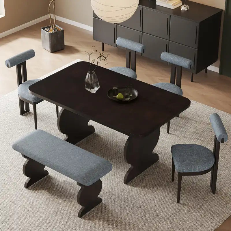 60" 6-Piece Mid-Century Modern Dining Table Set With 4 Chairs and Bench