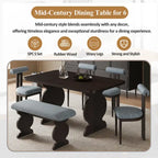 60" 6-Piece Mid-Century Modern Dining Table Set With 4 Chairs and Bench