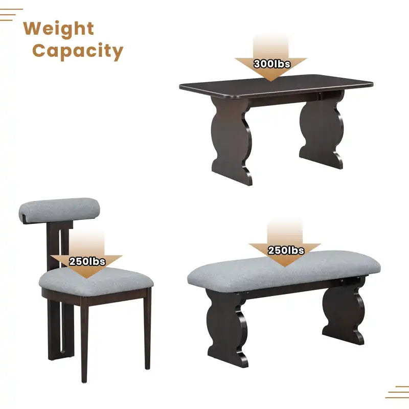 60" 6-Piece Mid-Century Modern Dining Table Set With 4 Chairs and Bench