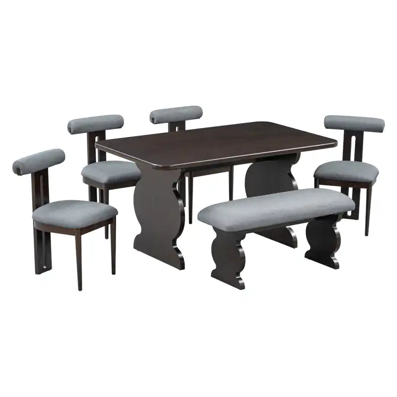 60" 6-Piece Mid-Century Modern Dining Table Set With 4 Chairs and Bench