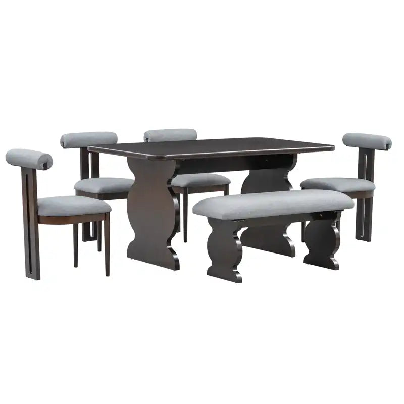 60" 6-Piece Mid-Century Modern Dining Table Set With 4 Chairs and Bench