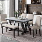 60" 6 Pieces Modern Dining Table Set, With Faux Marble Tabletop