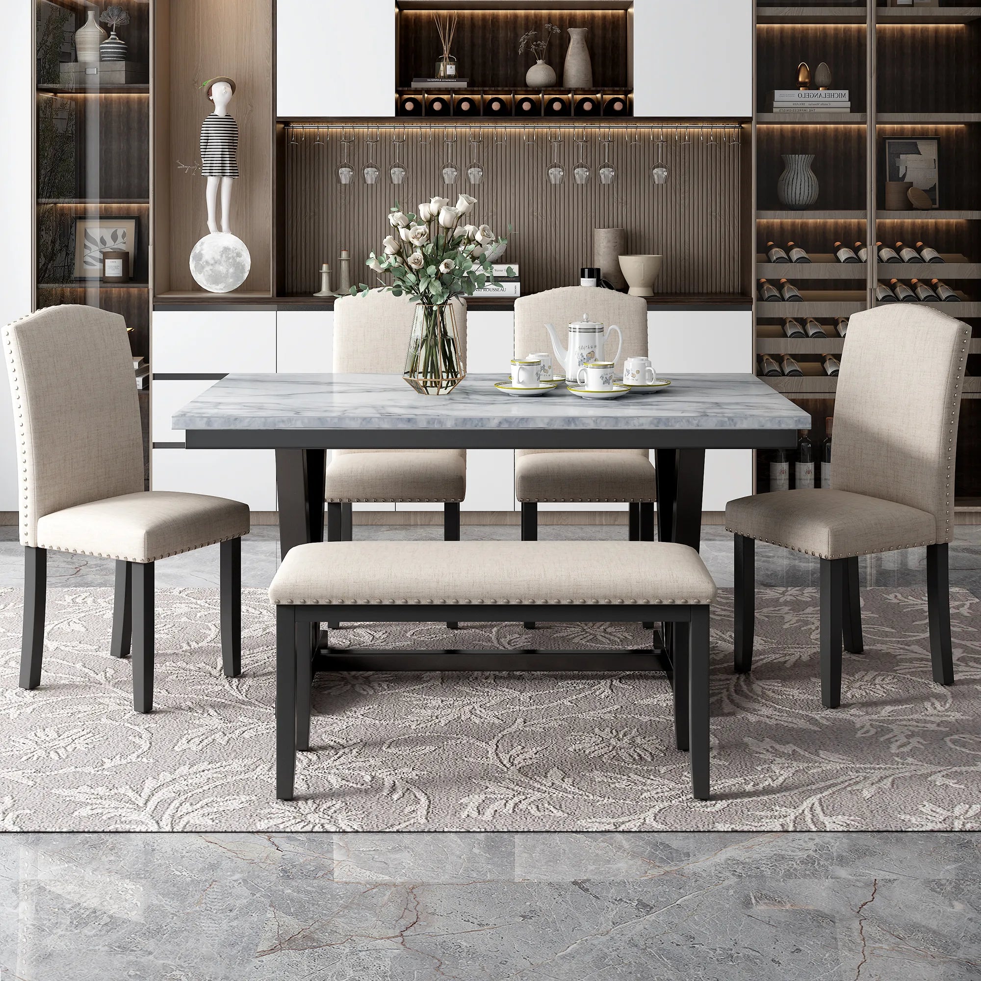 60" 6 Pieces Modern Dining Table Set, With Faux Marble Tabletop