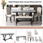 60" 6 Pieces Modern Dining Table Set, With Faux Marble Tabletop