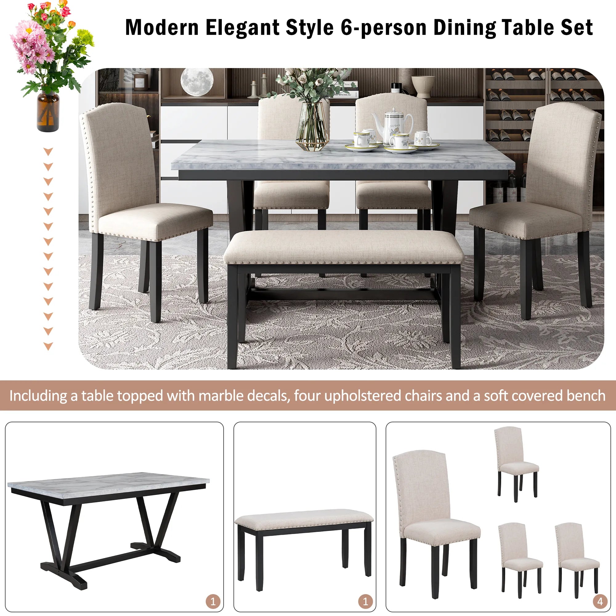 60" 6 Pieces Modern Dining Table Set, With Faux Marble Tabletop