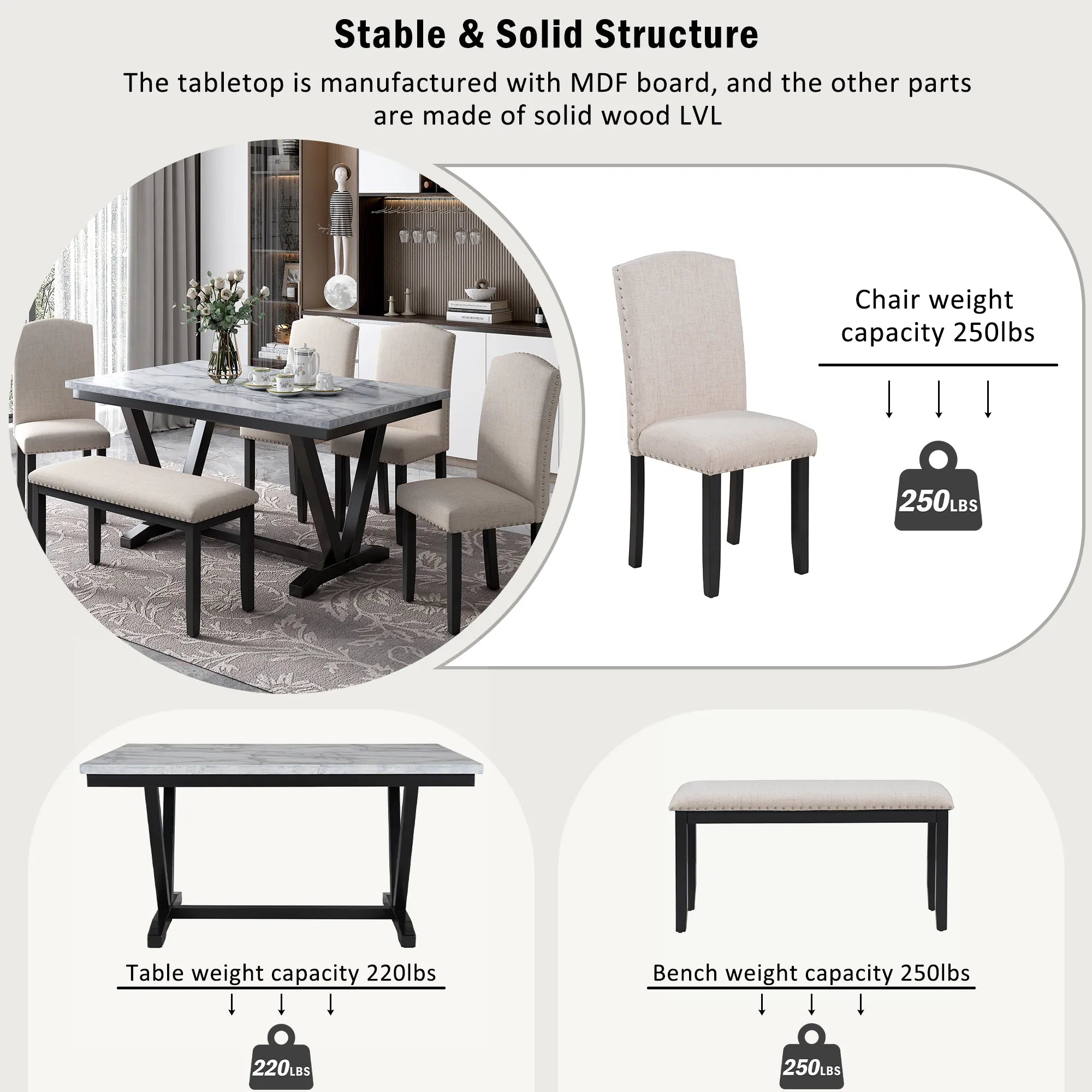 60" 6 Pieces Modern Dining Table Set, With Faux Marble Tabletop