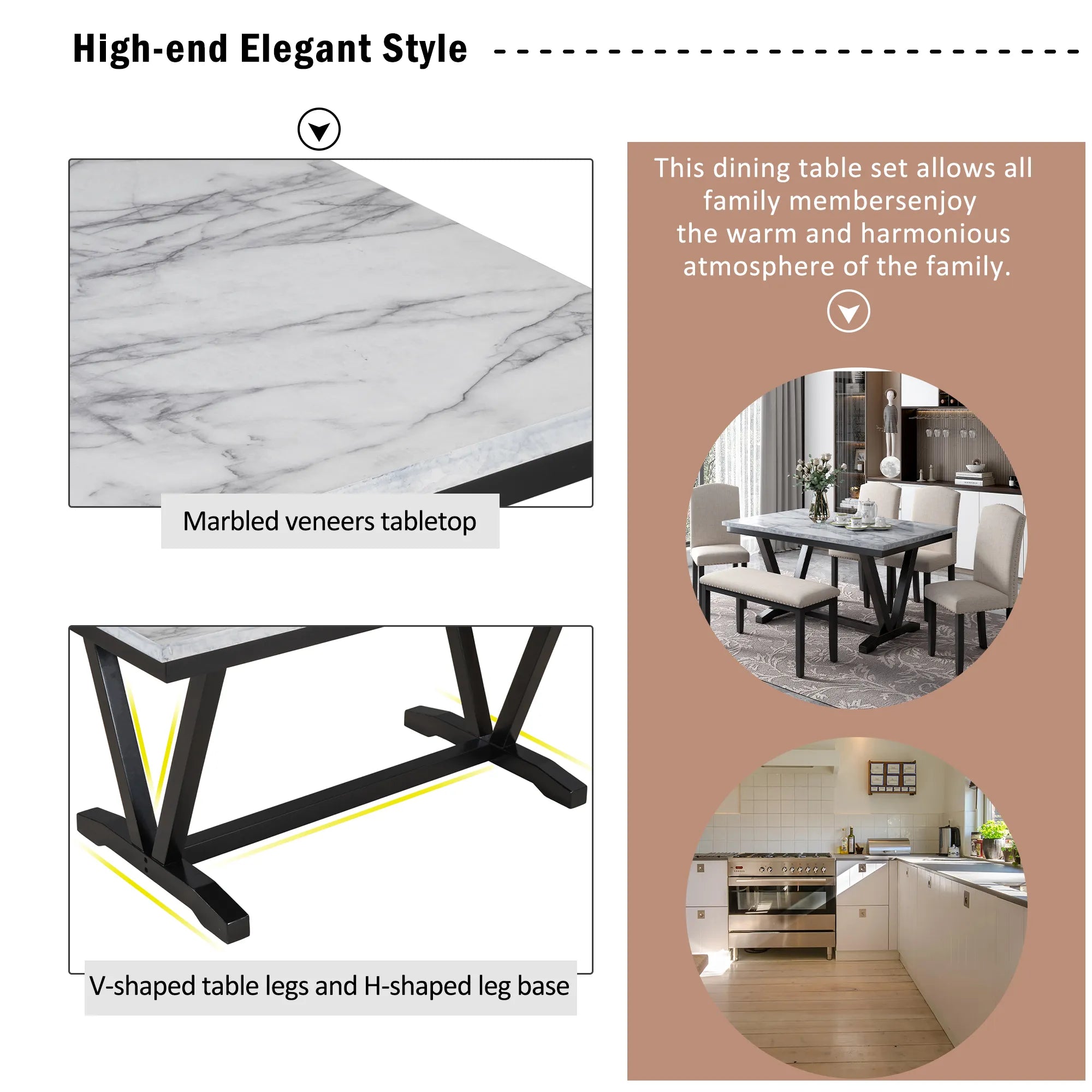 60" 6 Pieces Modern Dining Table Set, With Faux Marble Tabletop