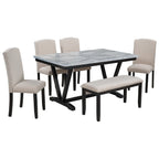 60" 6 Pieces Modern Dining Table Set, With Faux Marble Tabletop