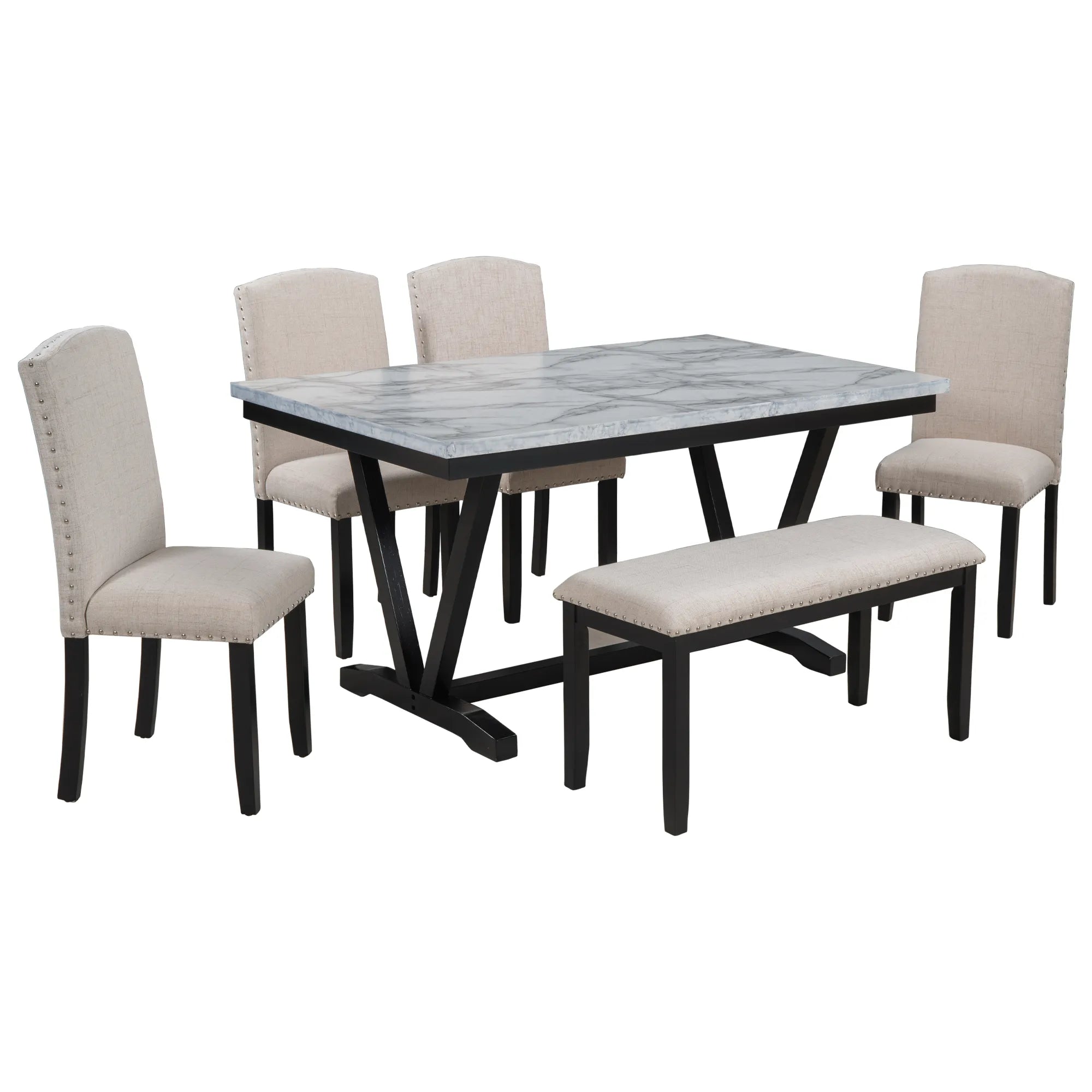 60" 6 Pieces Modern Dining Table Set, With Faux Marble Tabletop