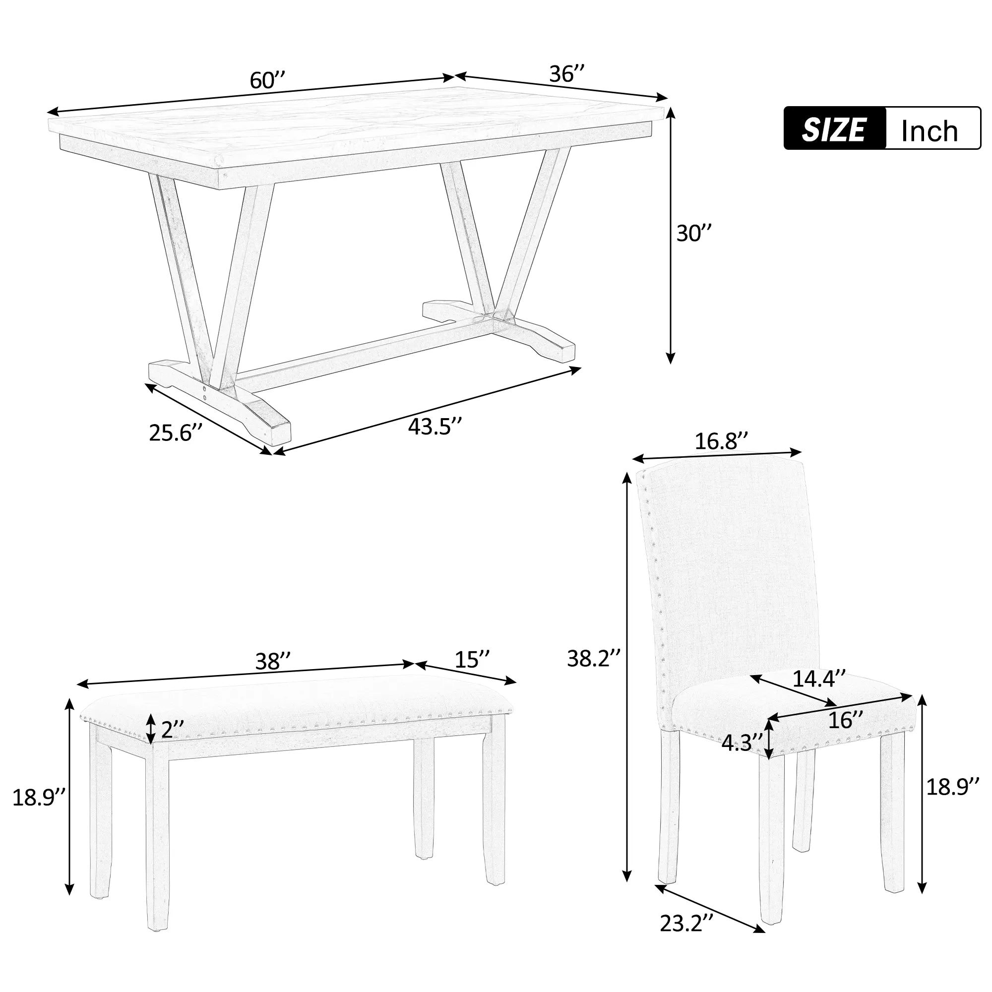60" 6 Pieces Modern Dining Table Set, With Faux Marble Tabletop