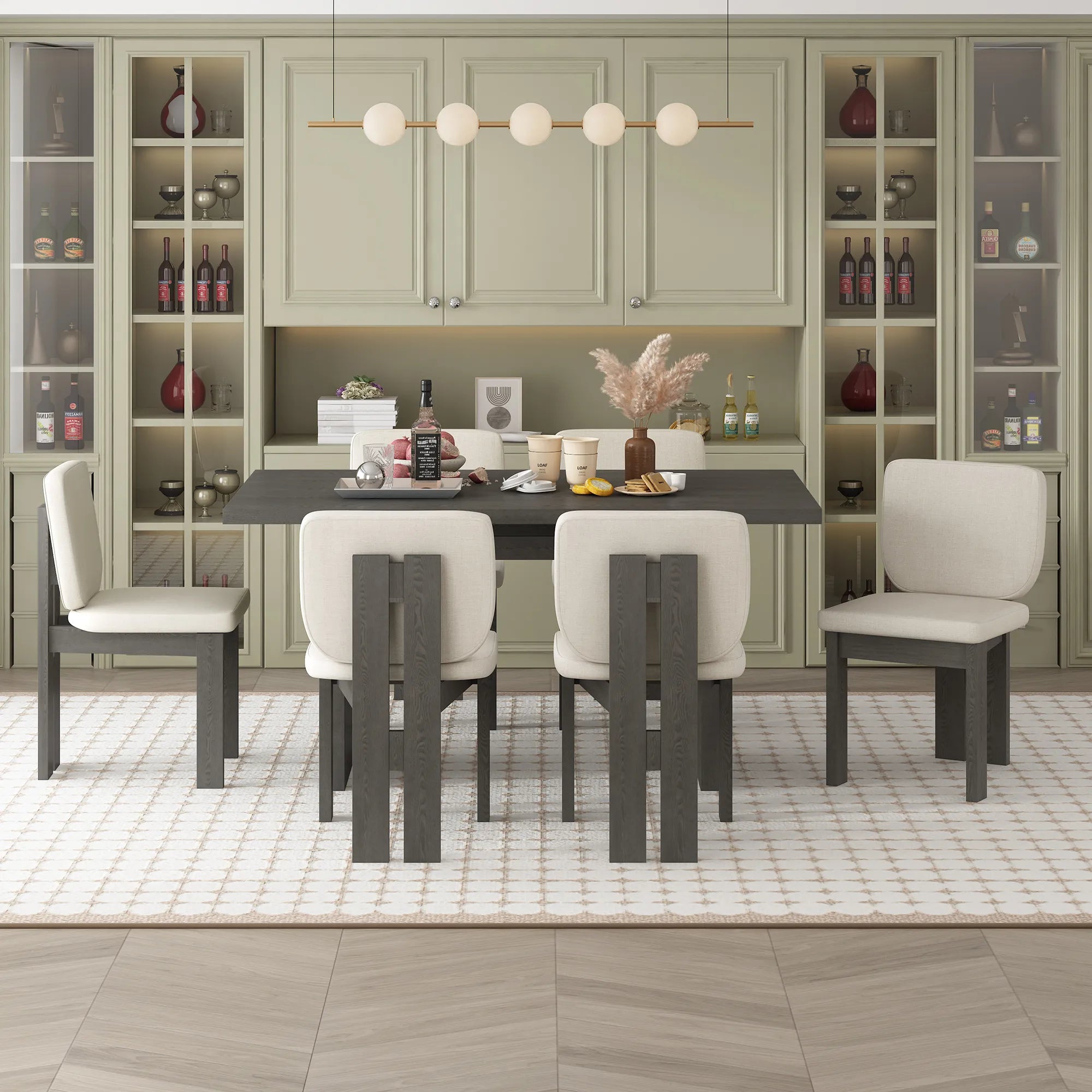 60" 7 Pieces Retro Dining Table Set With 6 Chairs