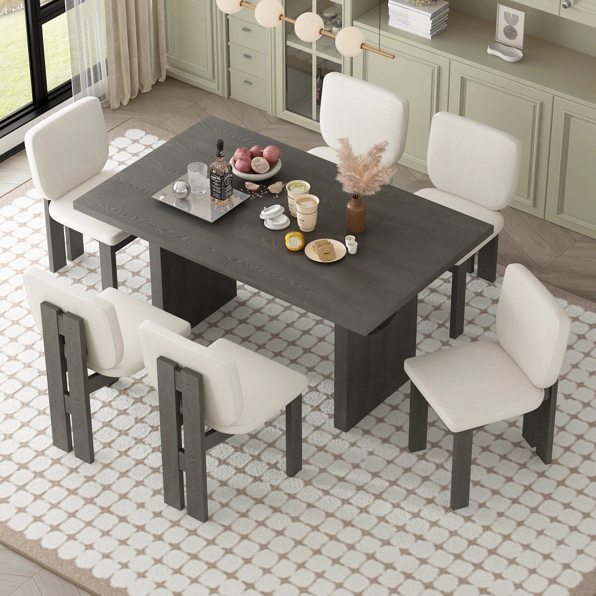 60" 7 Pieces Retro Dining Table Set With 6 Chairs