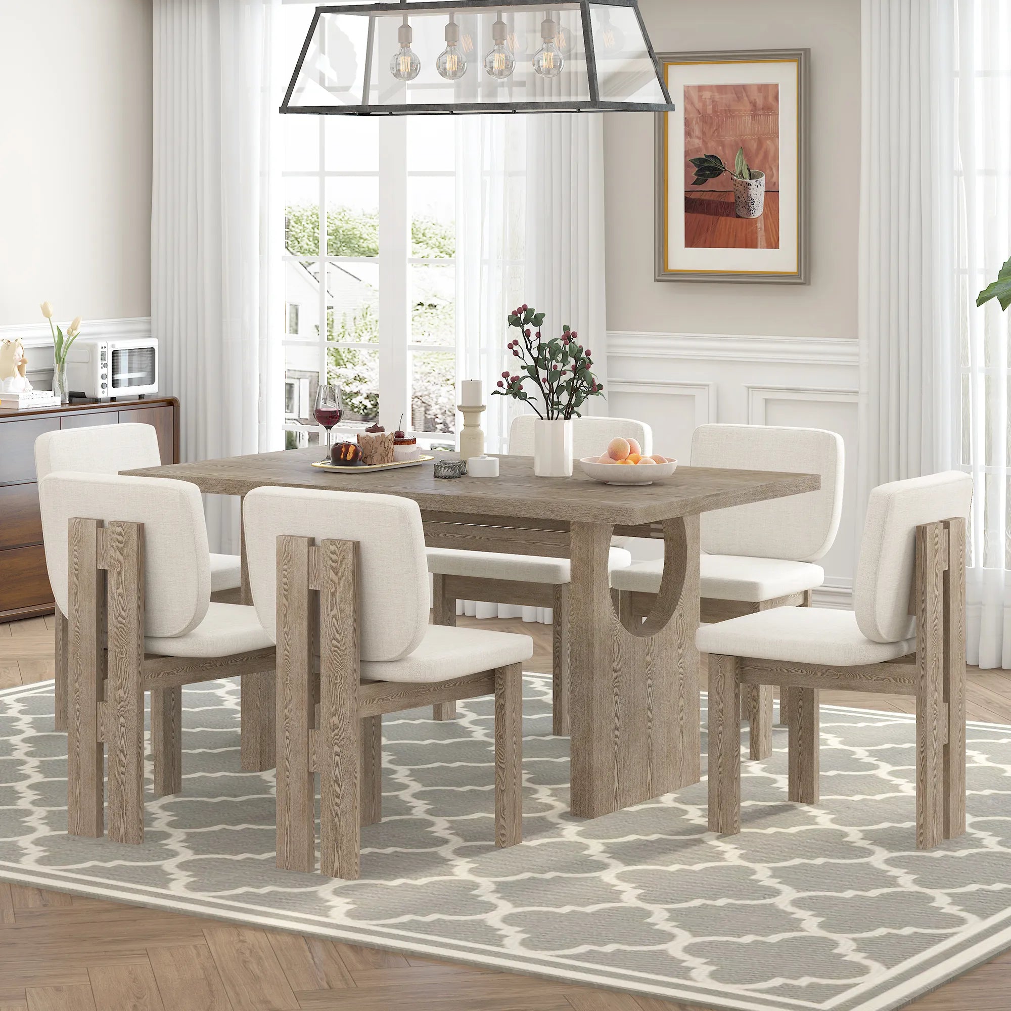 60" 7 Pieces Retro Dining Table Set With 6 Chairs