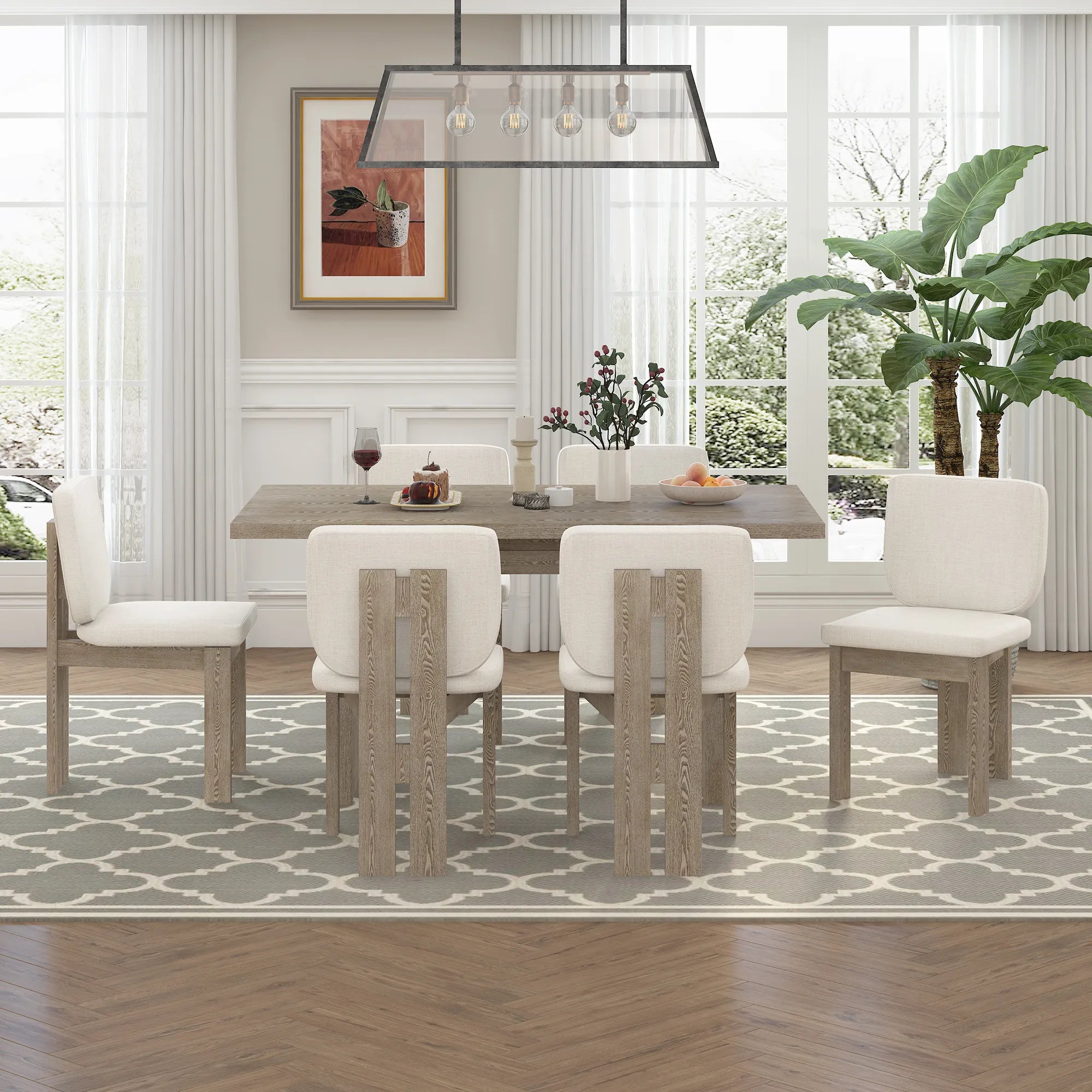 60" 7 Pieces Retro Dining Table Set With 6 Chairs