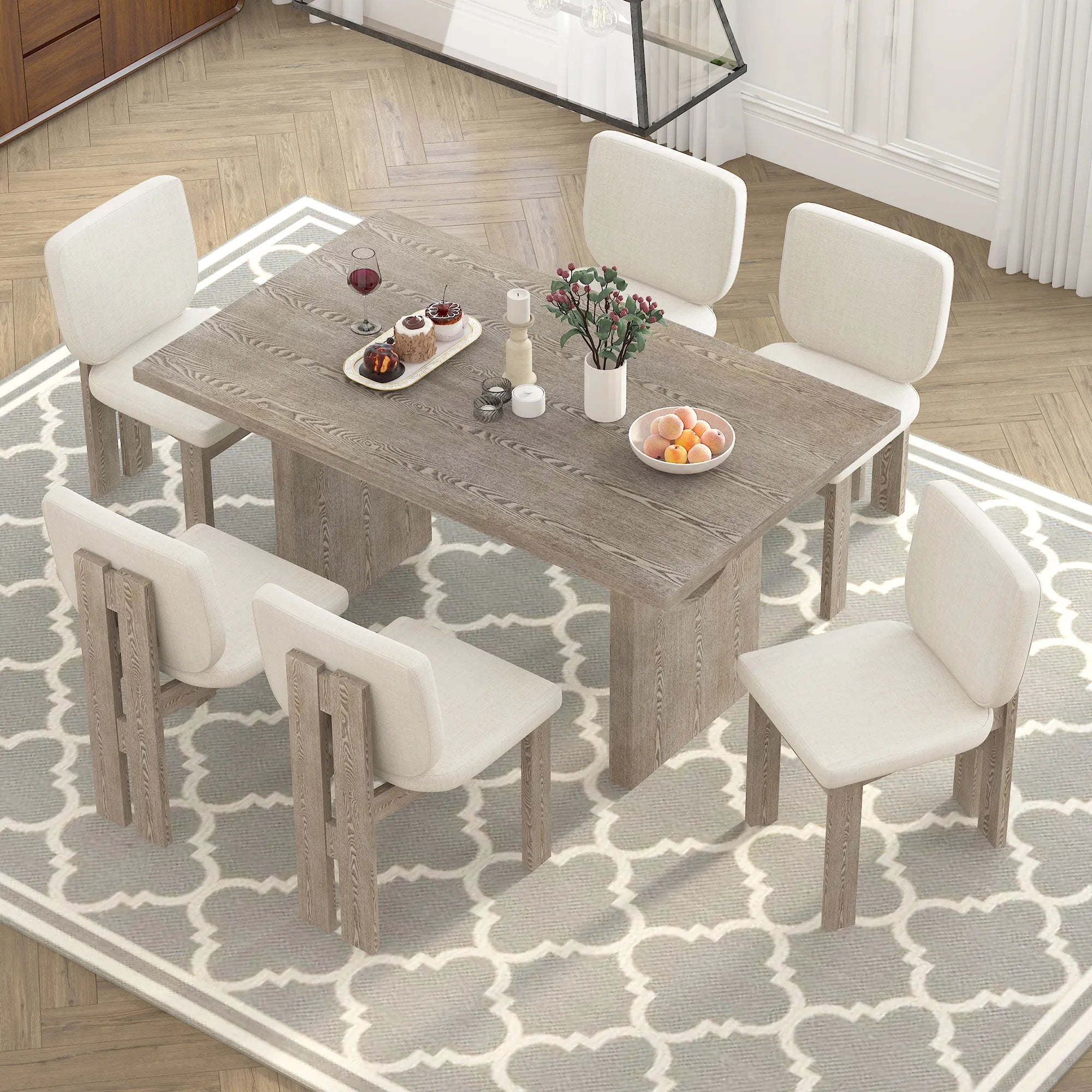 60" 7 Pieces Retro Dining Table Set With 6 Chairs