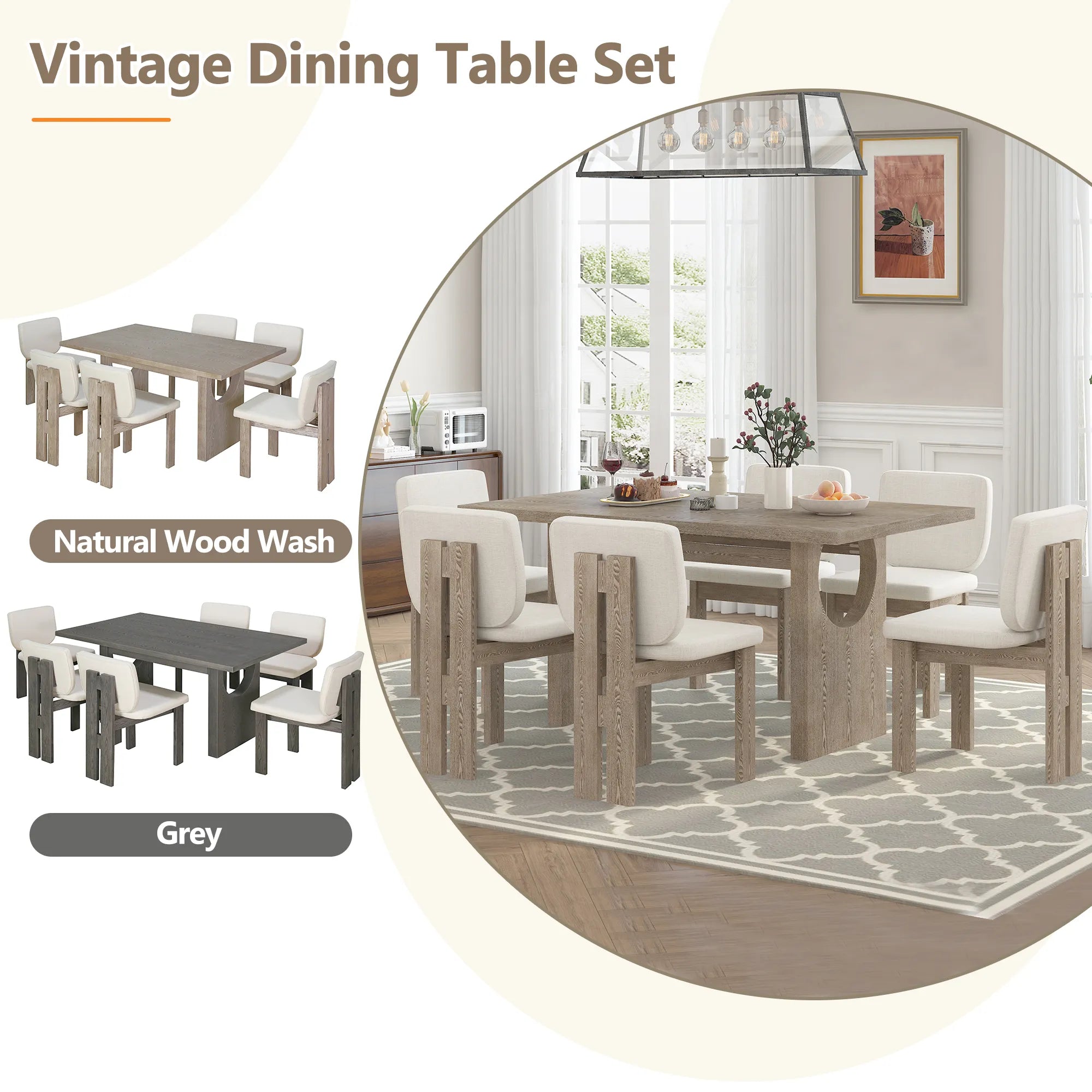 60" 7 Pieces Retro Dining Table Set With 6 Chairs