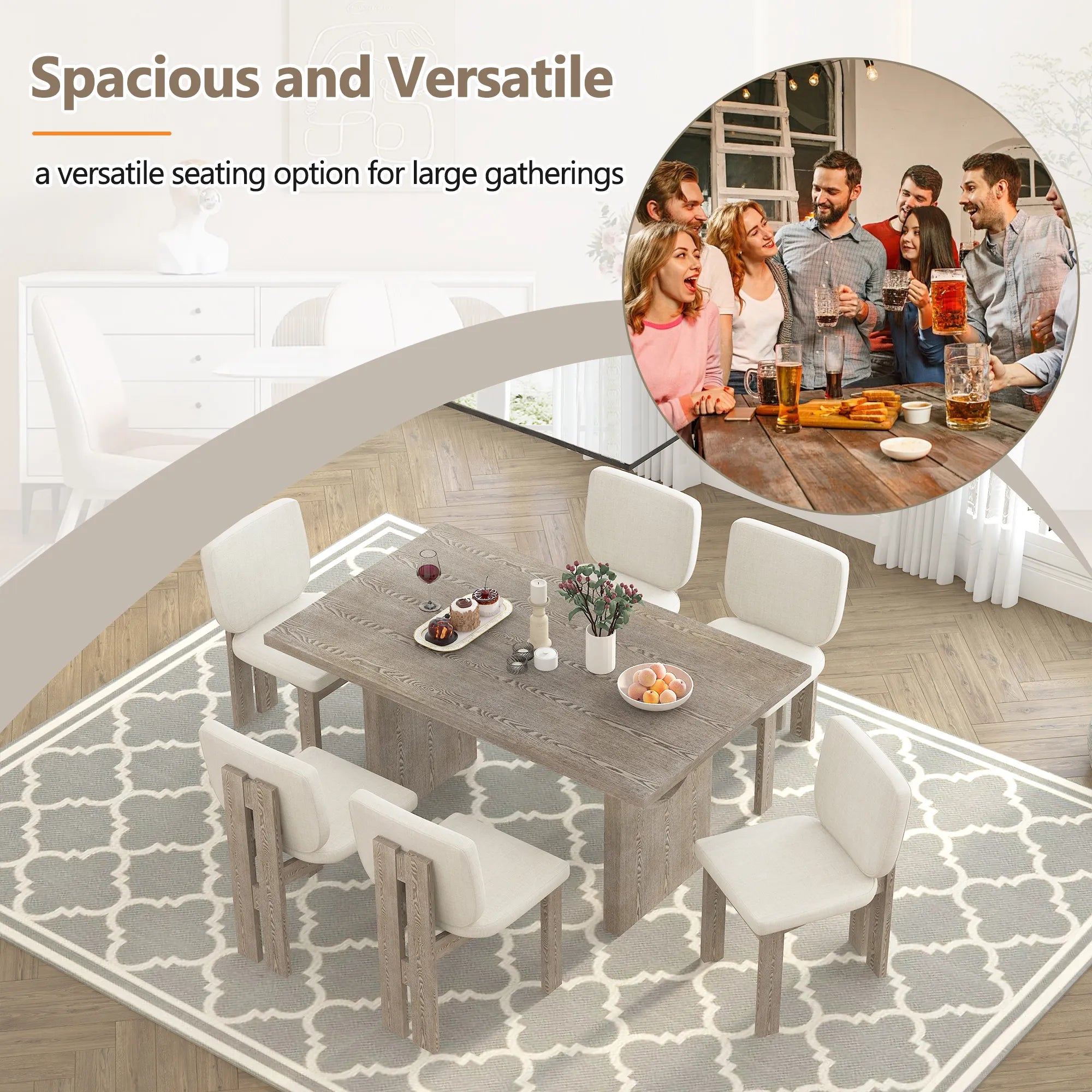 60" 7 Pieces Retro Dining Table Set With 6 Chairs