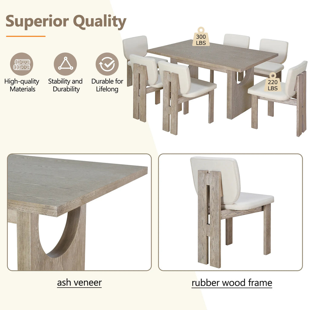 60" 7 Pieces Retro Dining Table Set With 6 Chairs