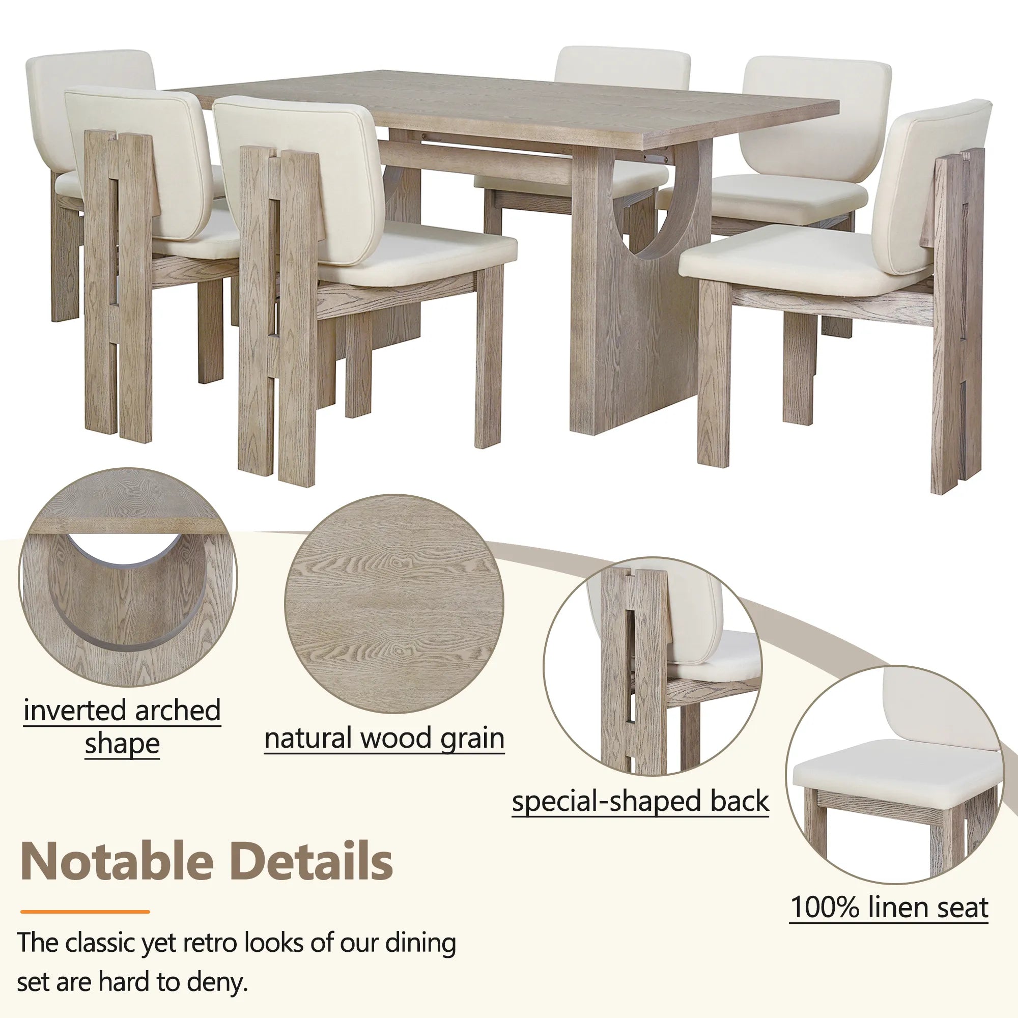 60" 7 Pieces Retro Dining Table Set With 6 Chairs