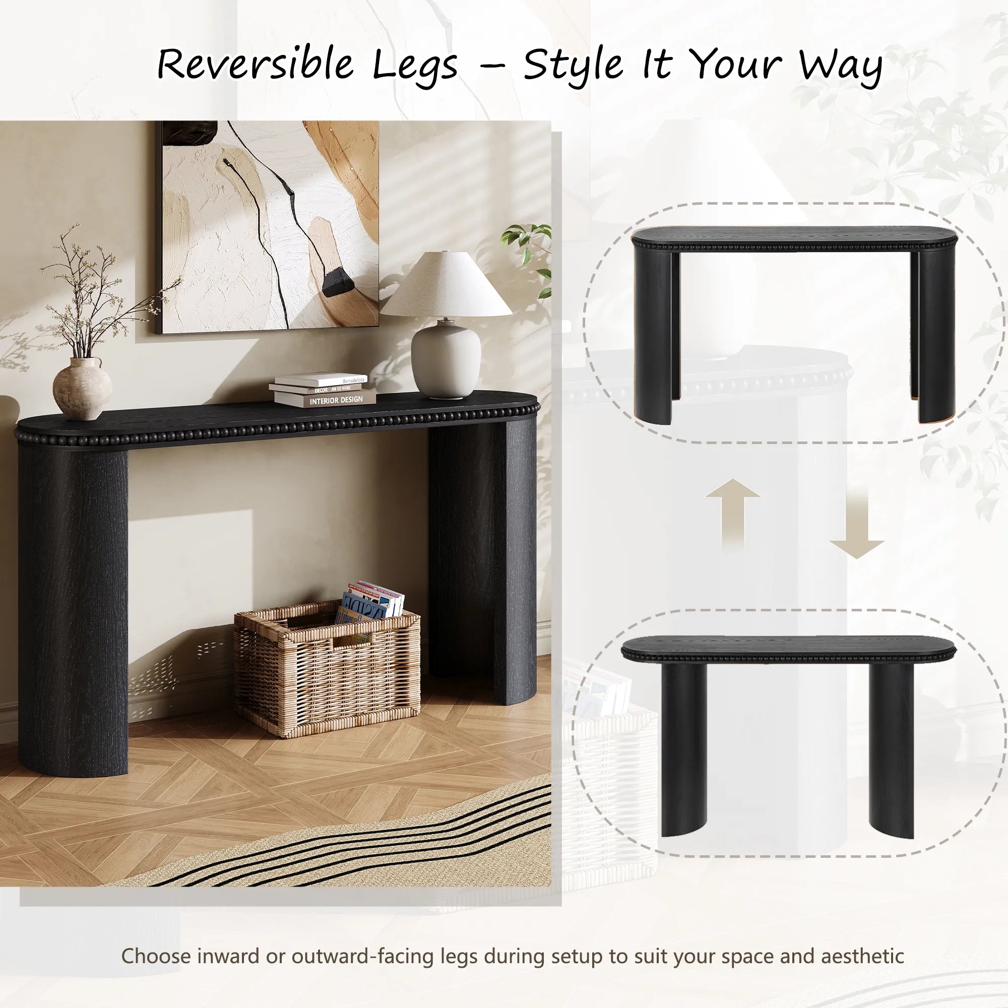 60" Console Table with Beaded Trim & Reversible Curved Legs