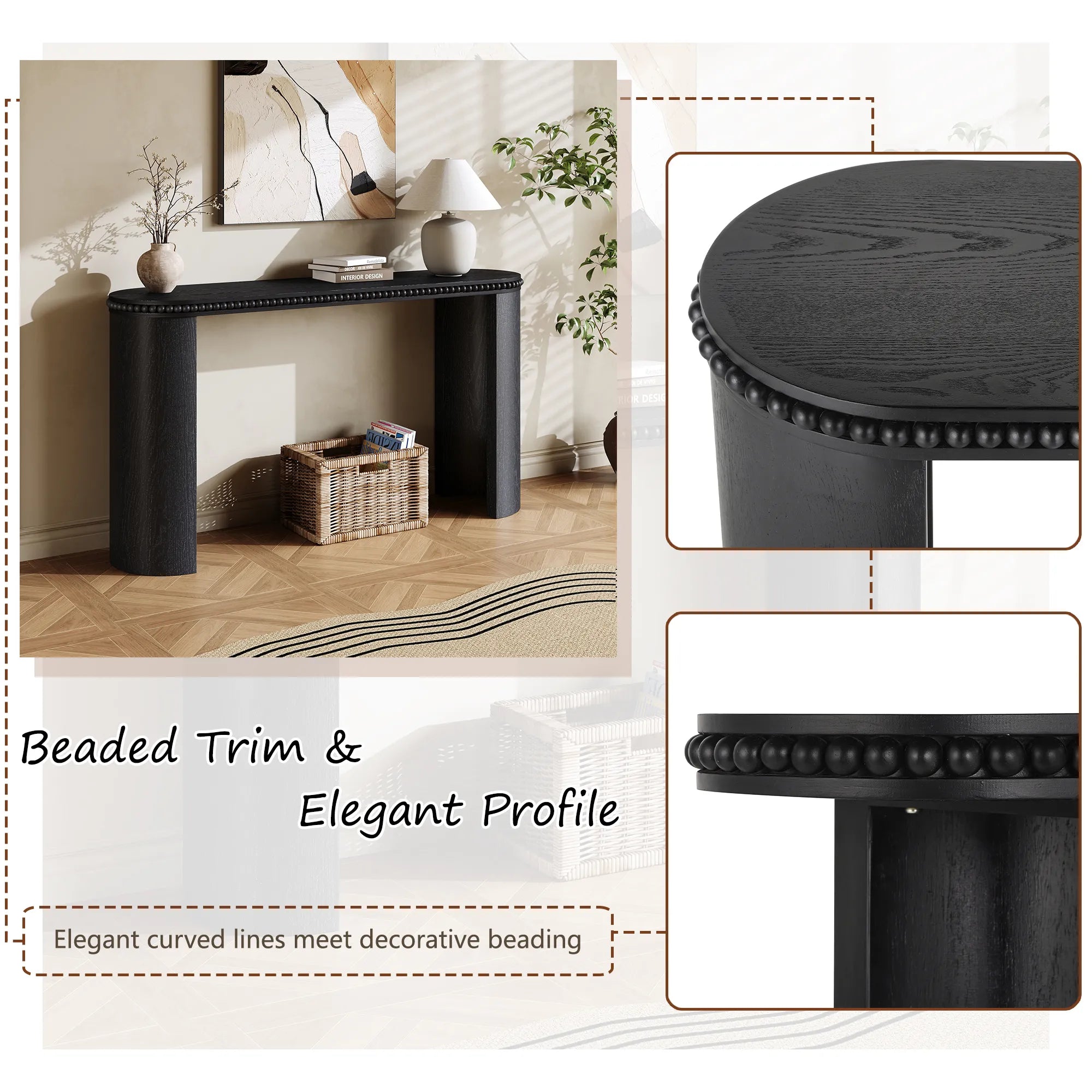 60" Console Table with Beaded Trim & Reversible Curved Legs