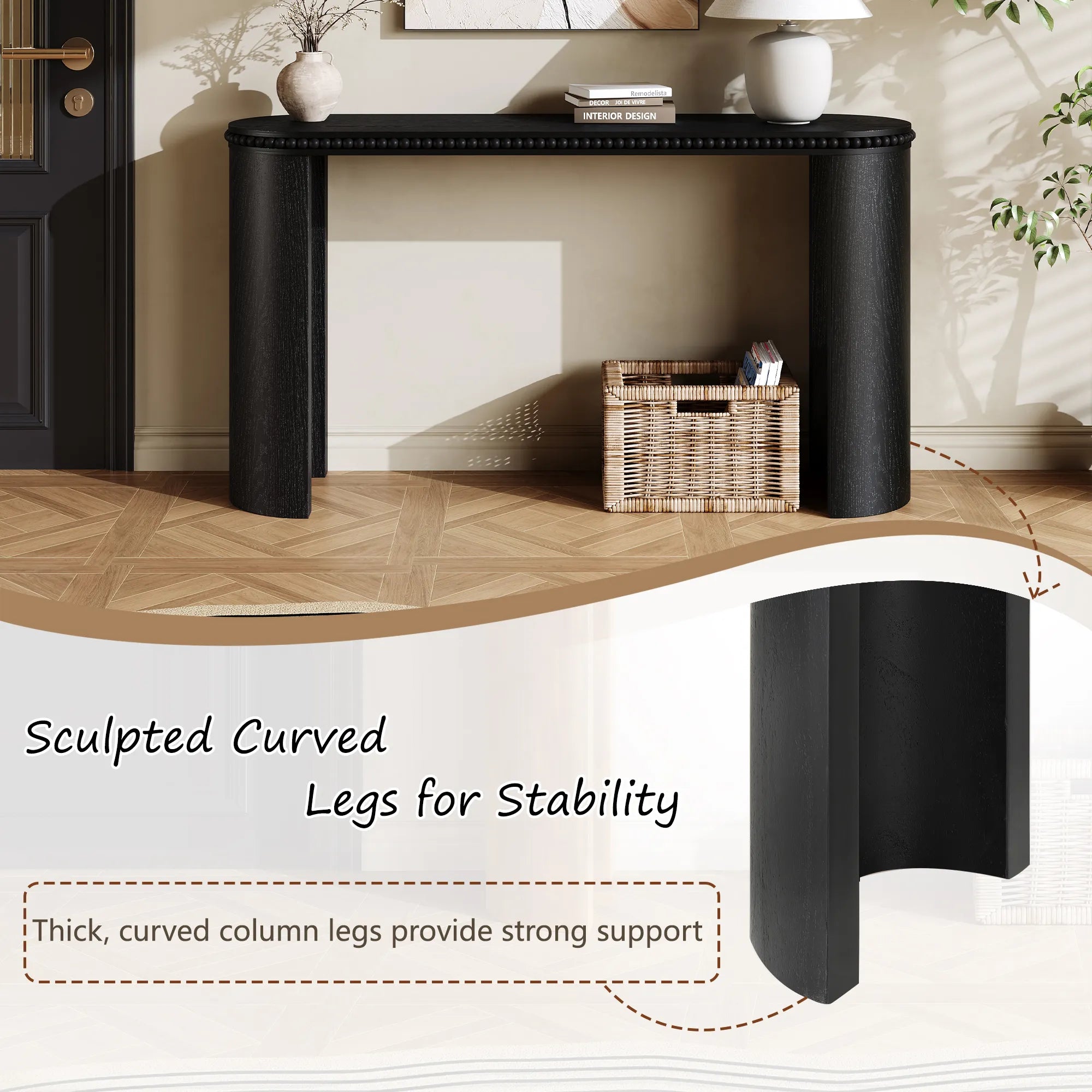 60" Console Table with Beaded Trim & Reversible Curved Legs