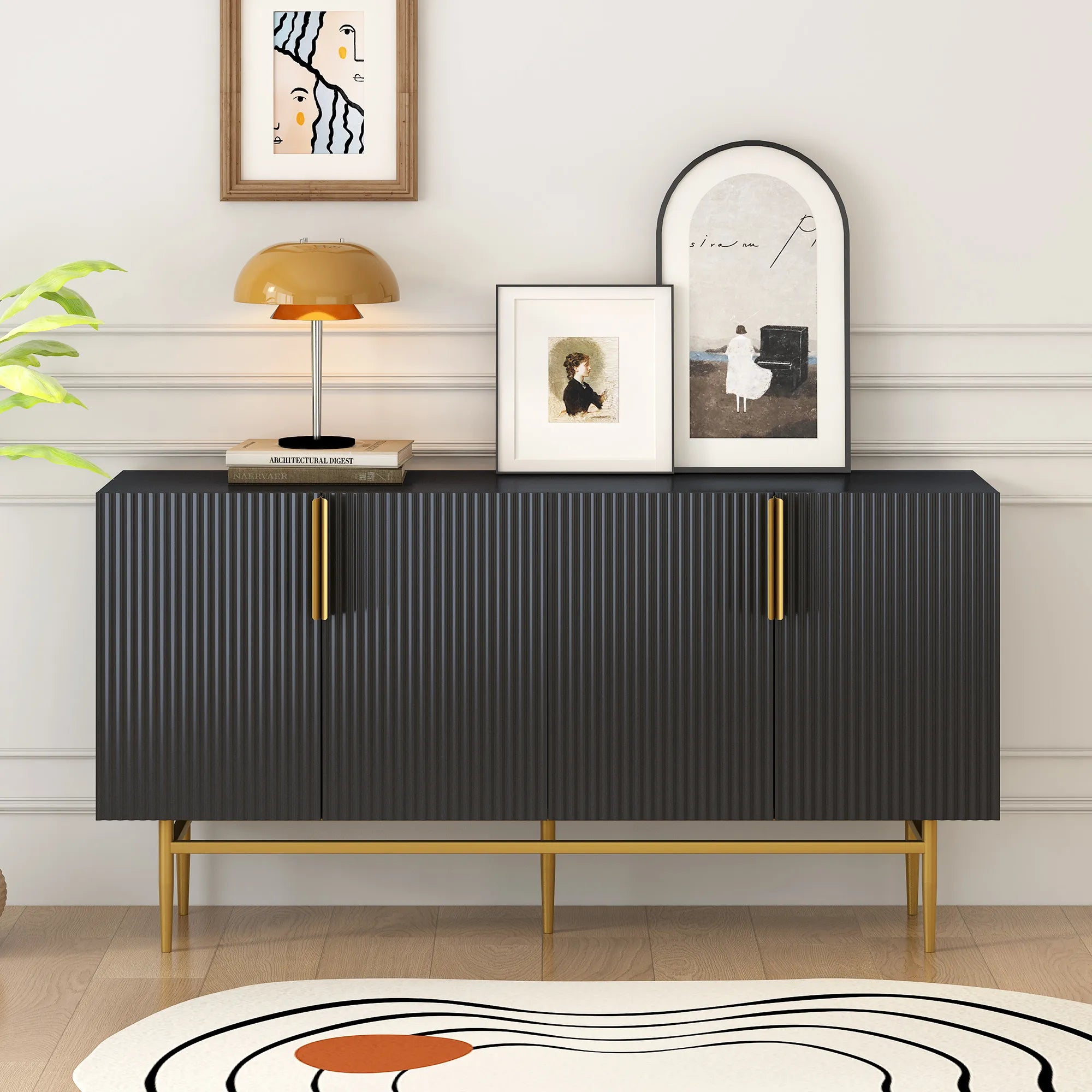 60” Modern 4-Door Sideboard with Gold Handles