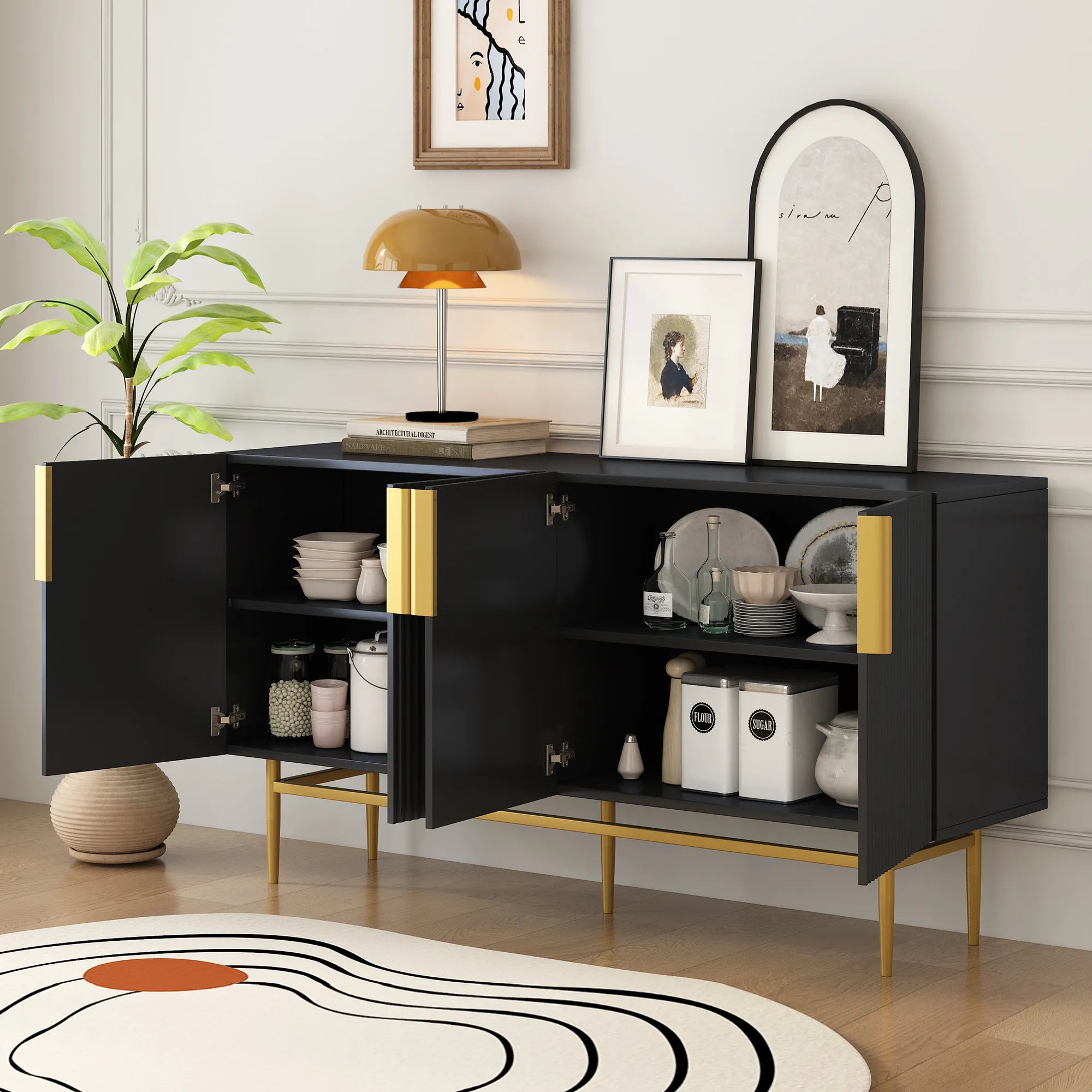 60” Modern 4-Door Sideboard with Gold Handles