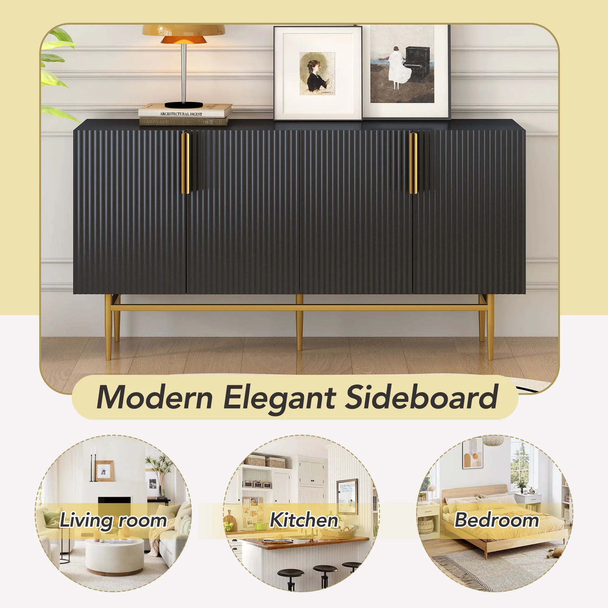 60” Modern 4-Door Sideboard with Gold Handles