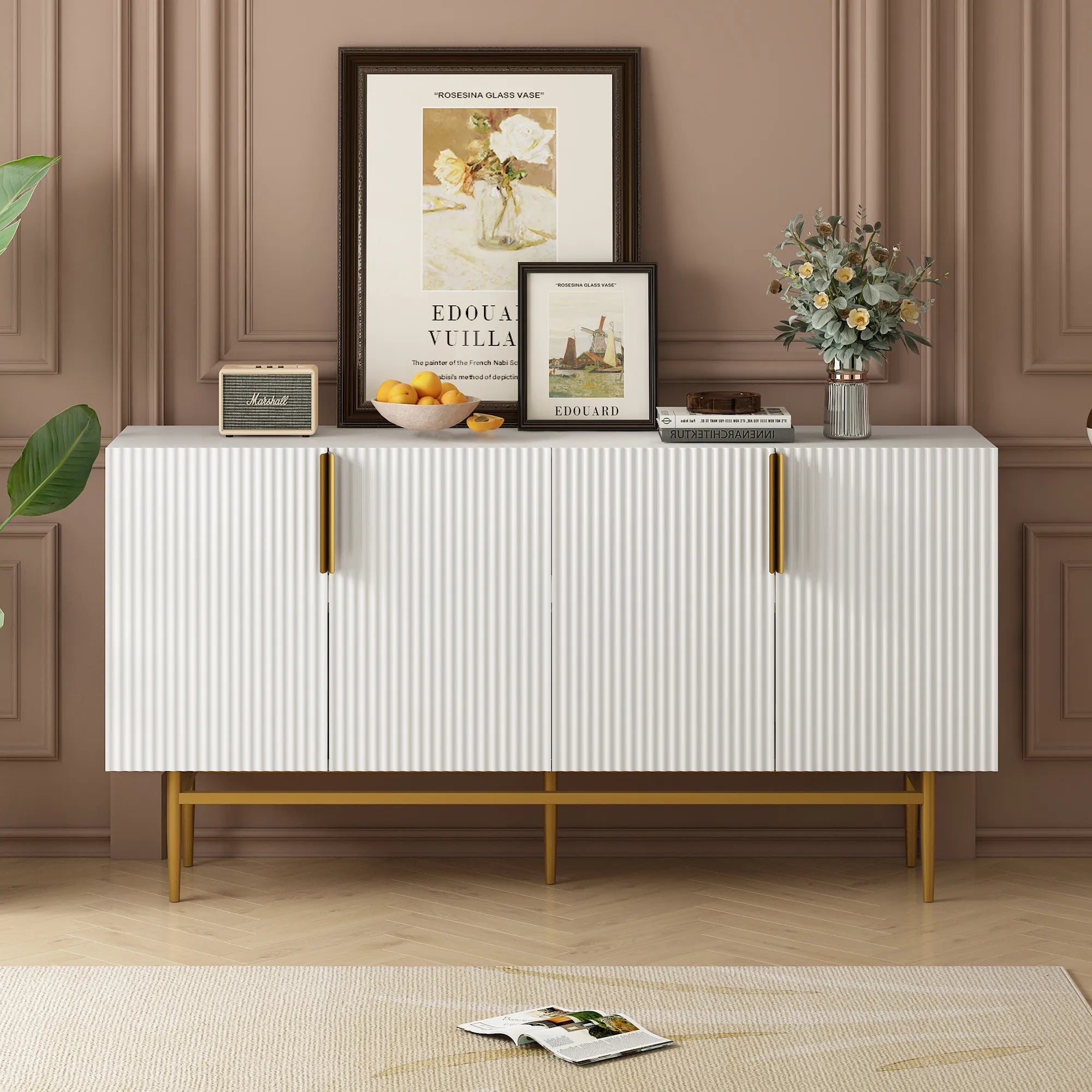 60” Modern 4-Door Sideboard with Gold Handles
