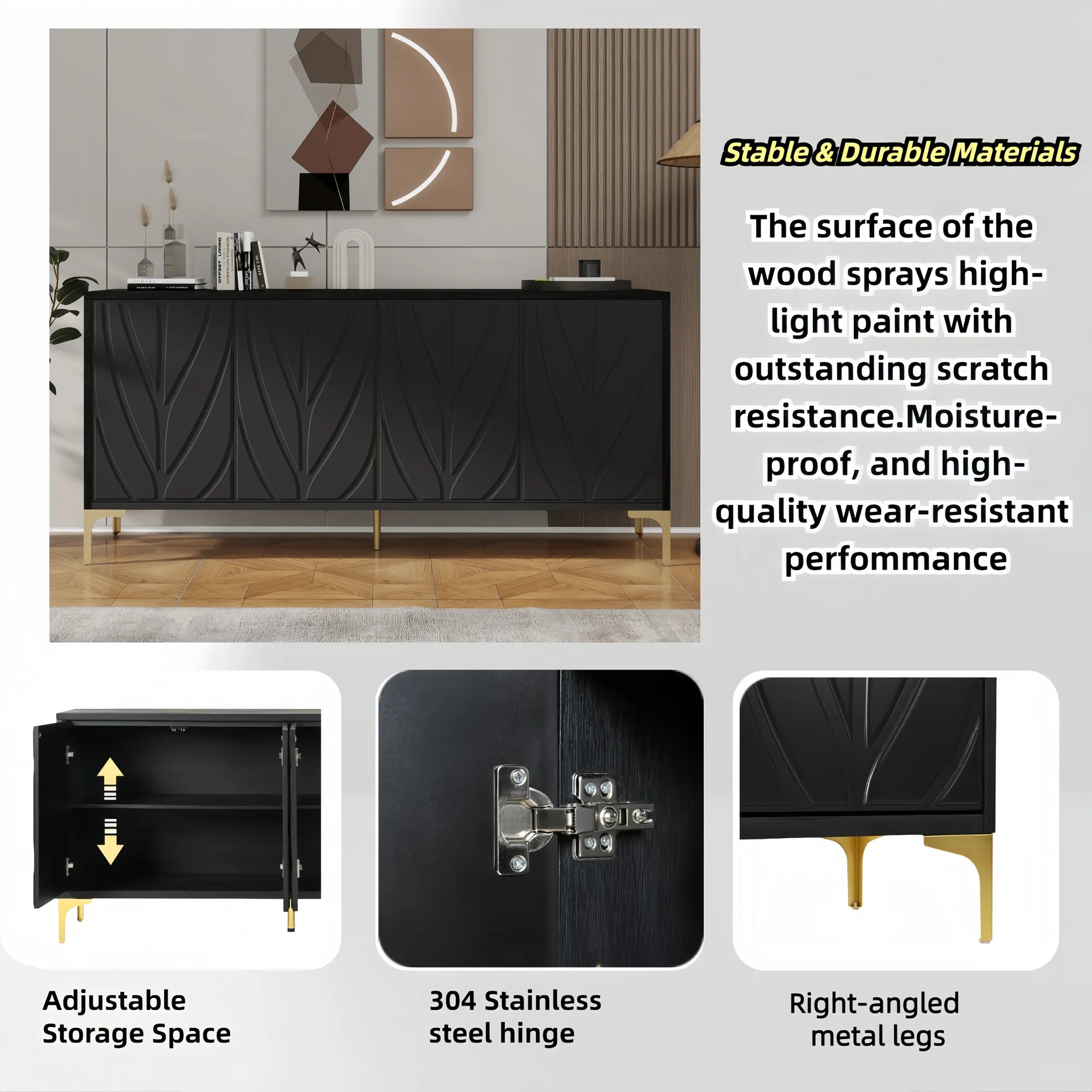 60” Modern Carved 4-Door Sideboard