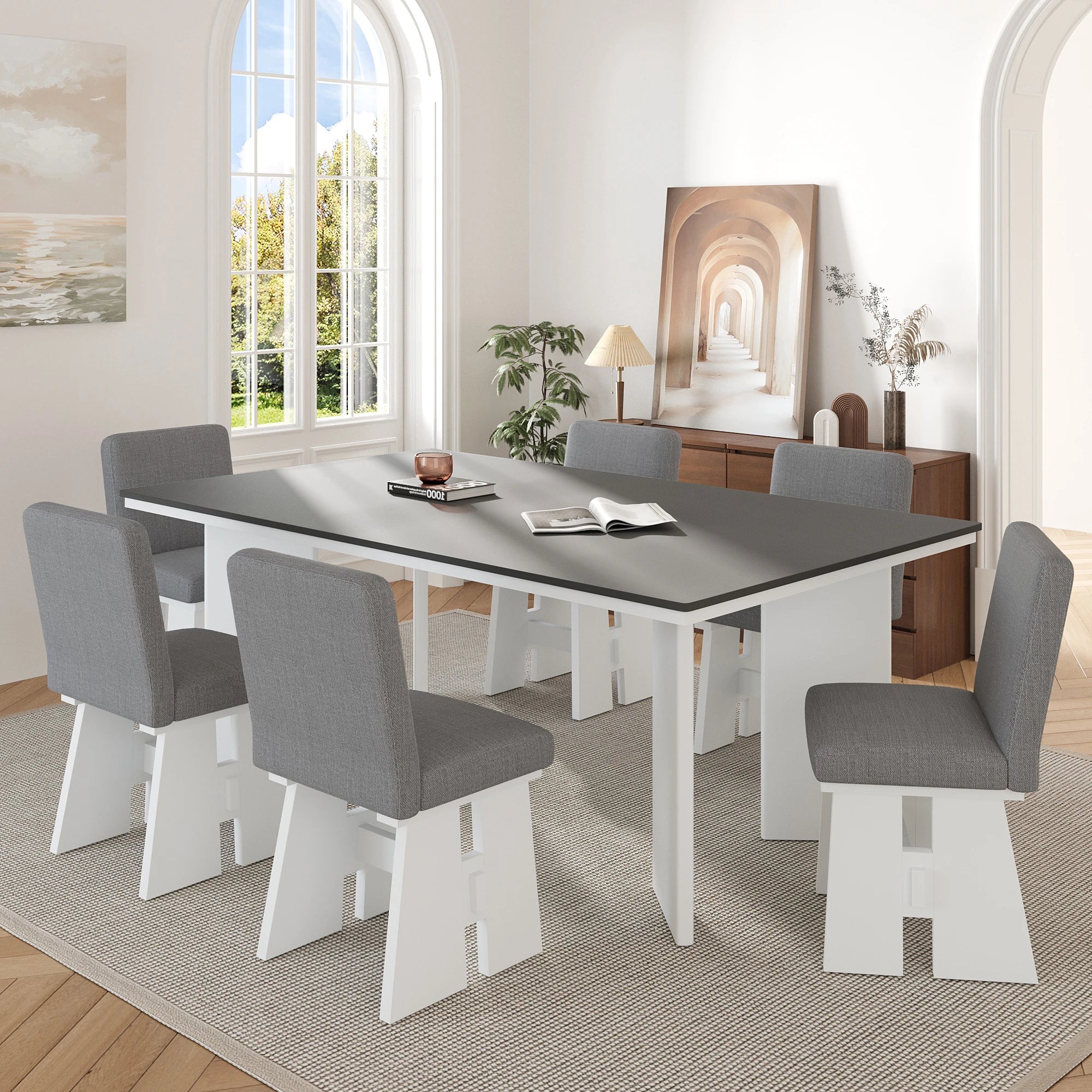 63" 7 Pieces Modern Dining Table Set with 6 Dining Chairs