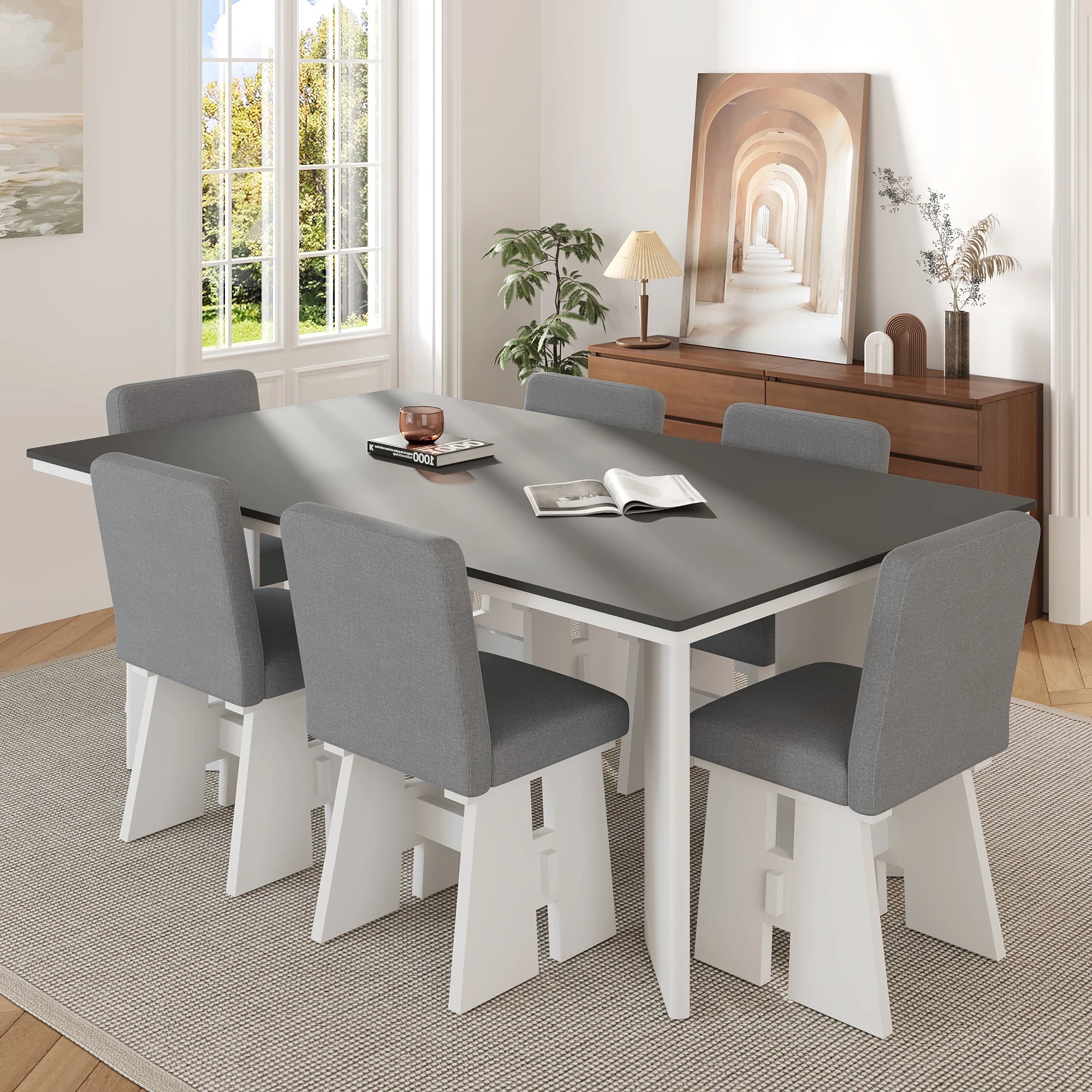 63" 7 Pieces Modern Dining Table Set with 6 Dining Chairs