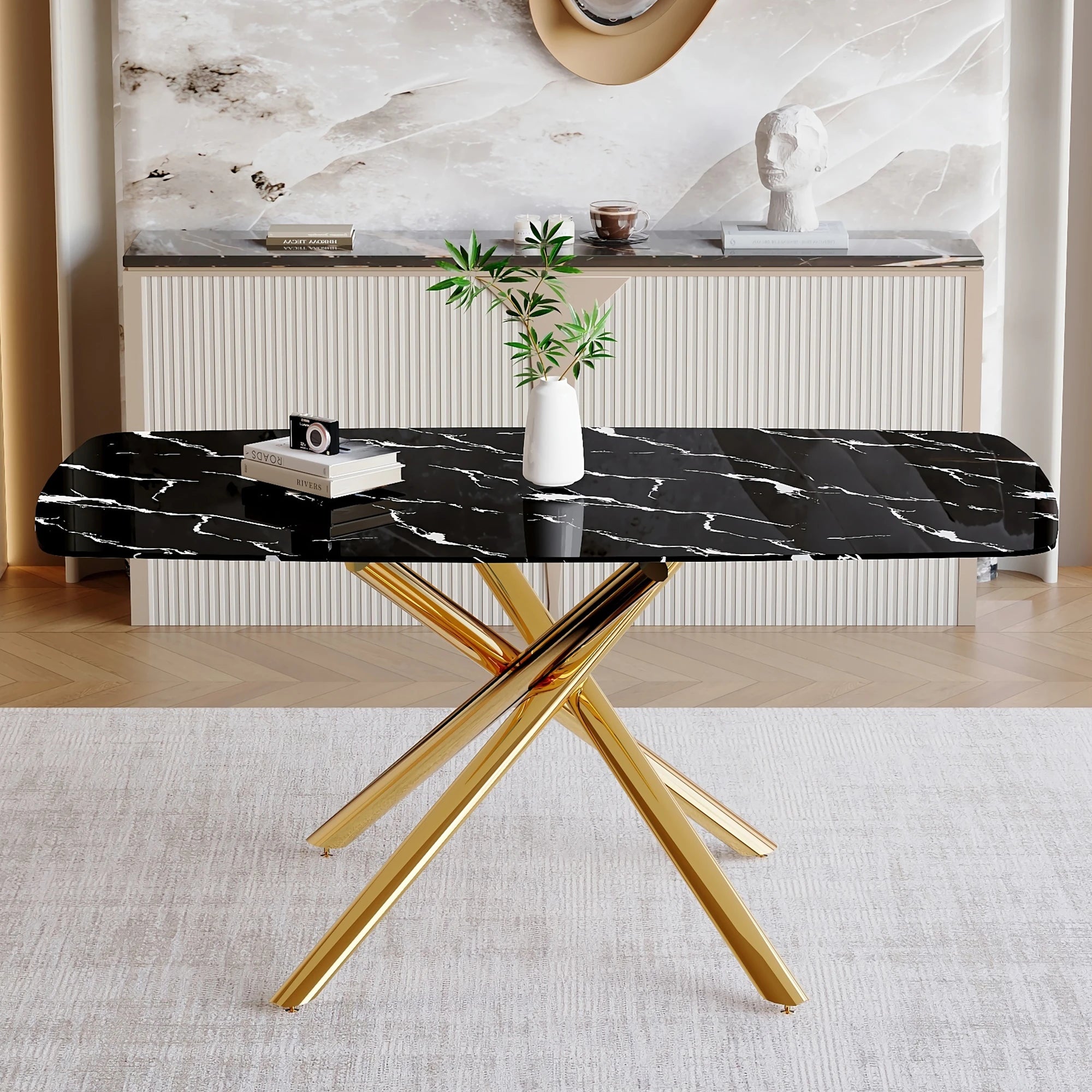 63" Dining Table, With Marble Patterned Tempered Glass Table Top And Metal Legs