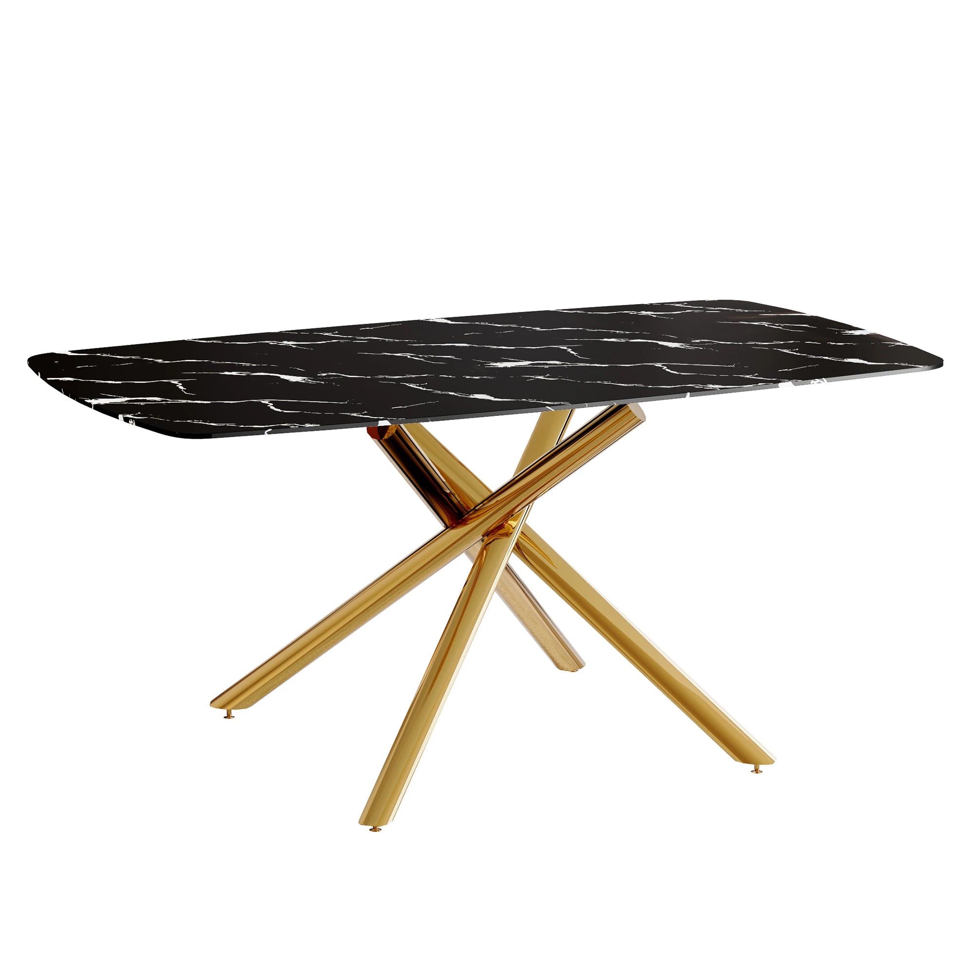 63" Dining Table, With Marble Patterned Tempered Glass Table Top And Metal Legs