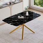 63" Dining Table, With Marble Patterned Tempered Glass Table Top And Metal Legs