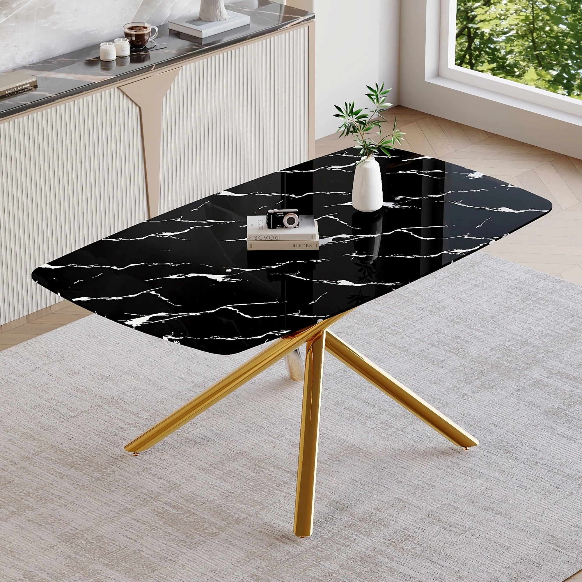 63" Dining Table, With Marble Patterned Tempered Glass Table Top And Metal Legs