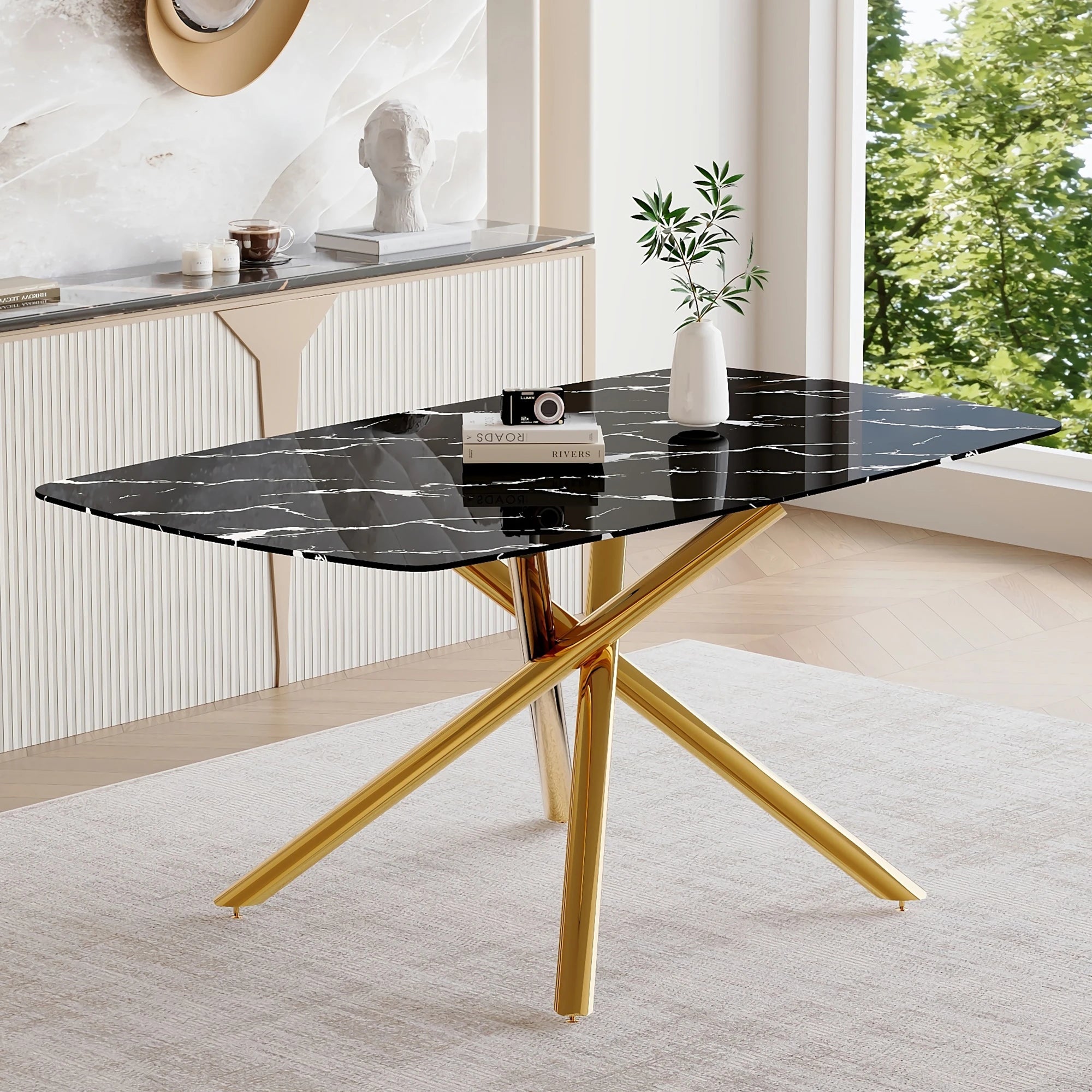 63" Dining Table, With Marble Patterned Tempered Glass Table Top And Metal Legs