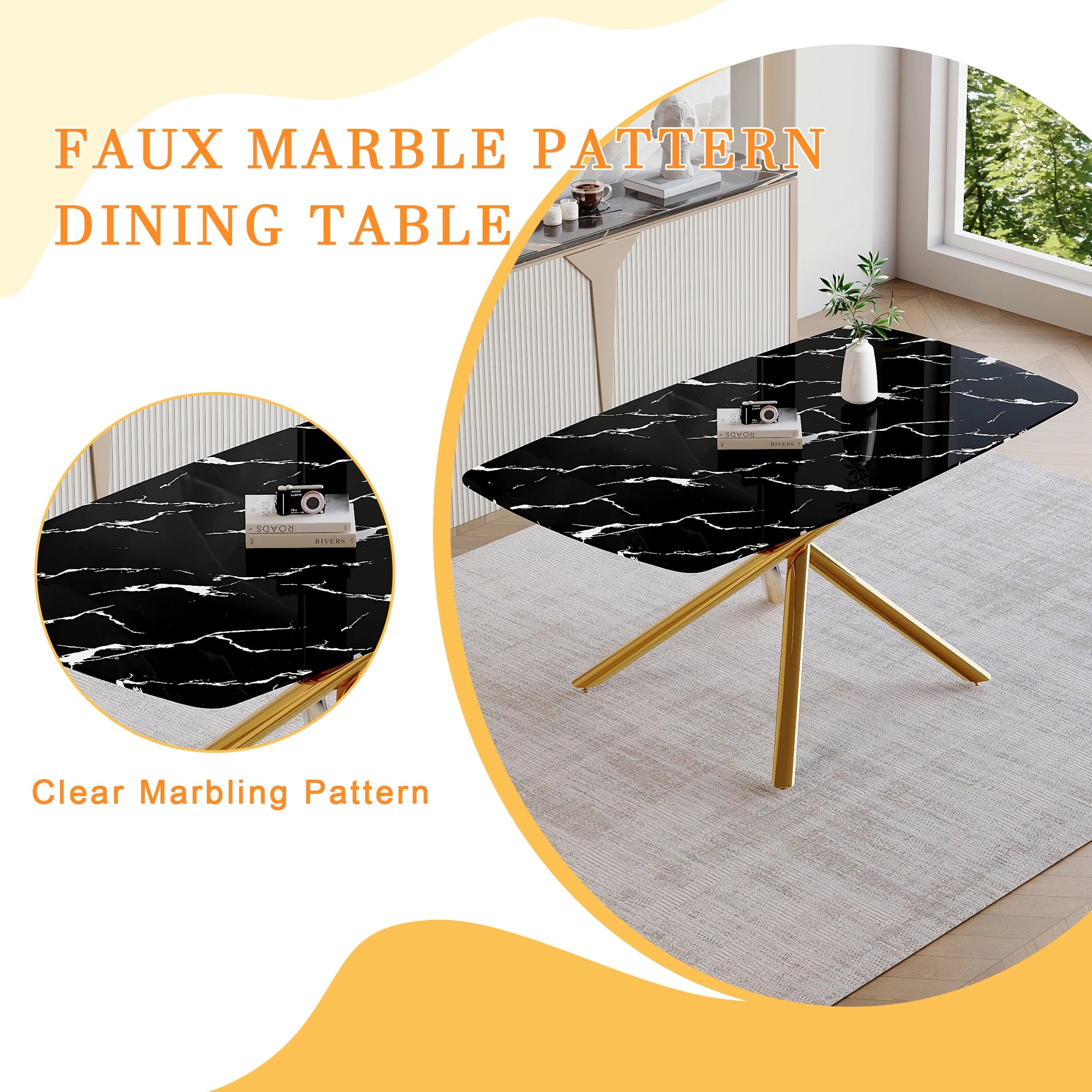 63" Dining Table, With Marble Patterned Tempered Glass Table Top And Metal Legs