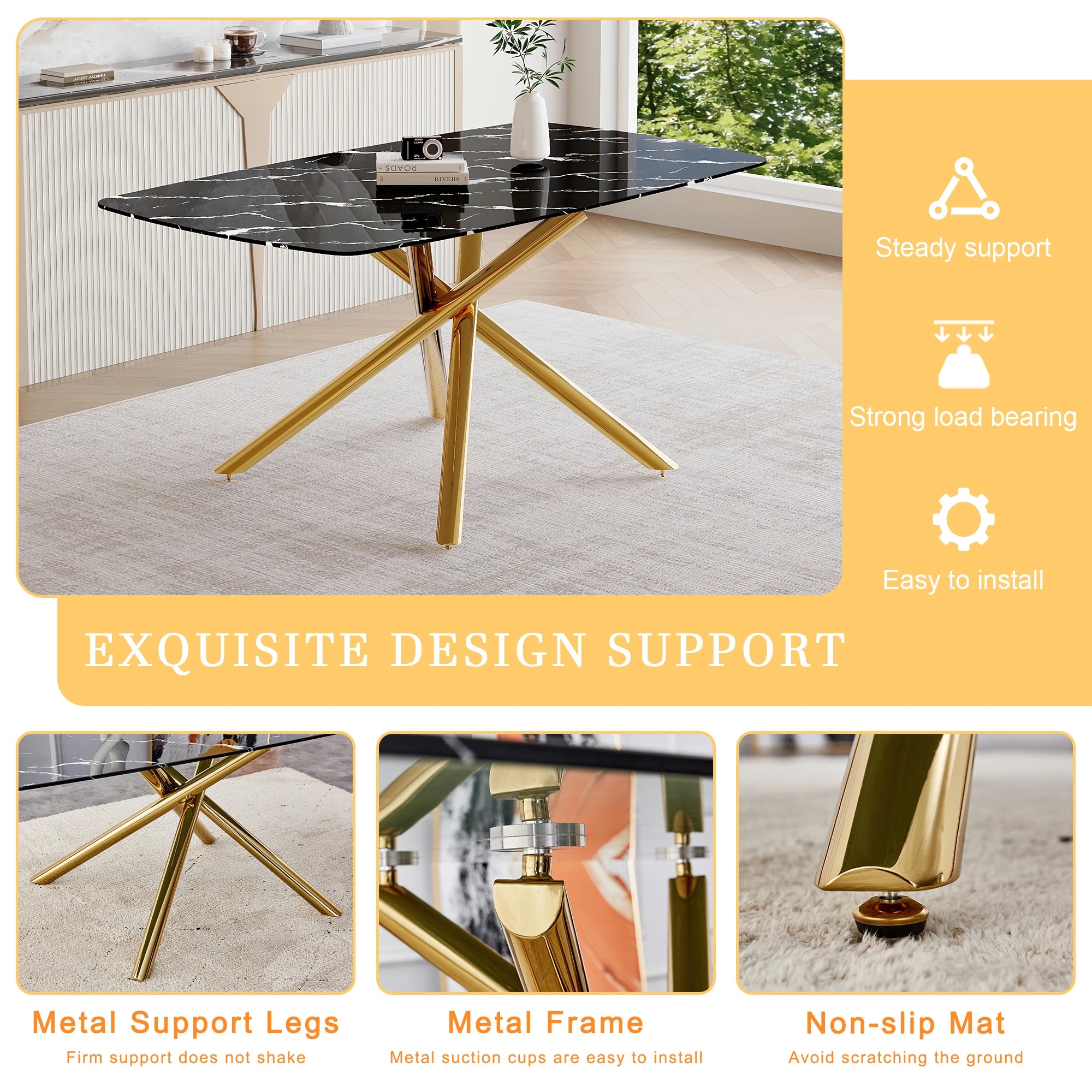 63" Dining Table, With Marble Patterned Tempered Glass Table Top And Metal Legs