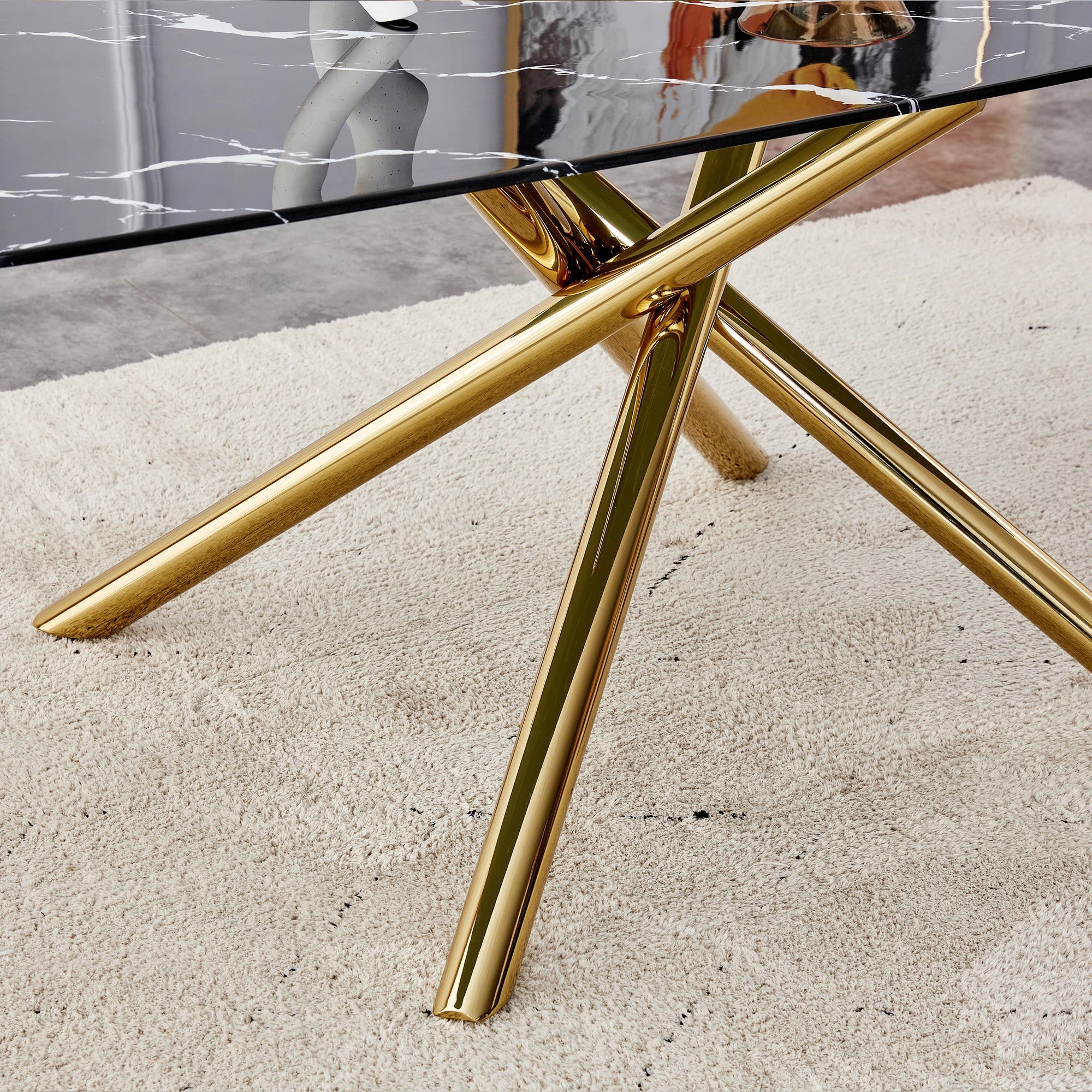 63" Dining Table, With Marble Patterned Tempered Glass Table Top And Metal Legs