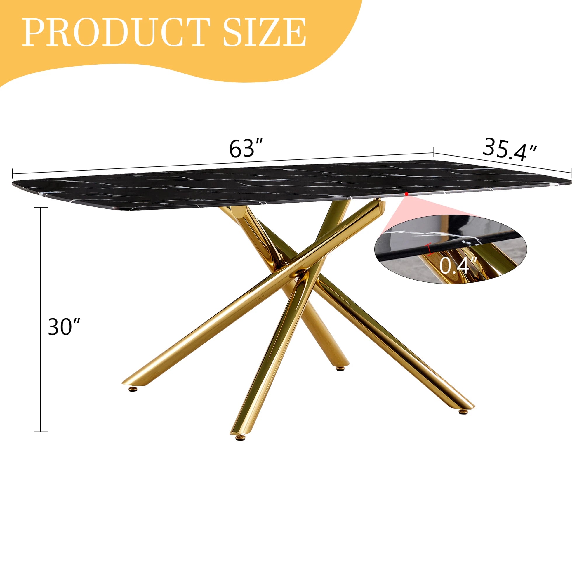 63" Dining Table, With Marble Patterned Tempered Glass Table Top And Metal Legs