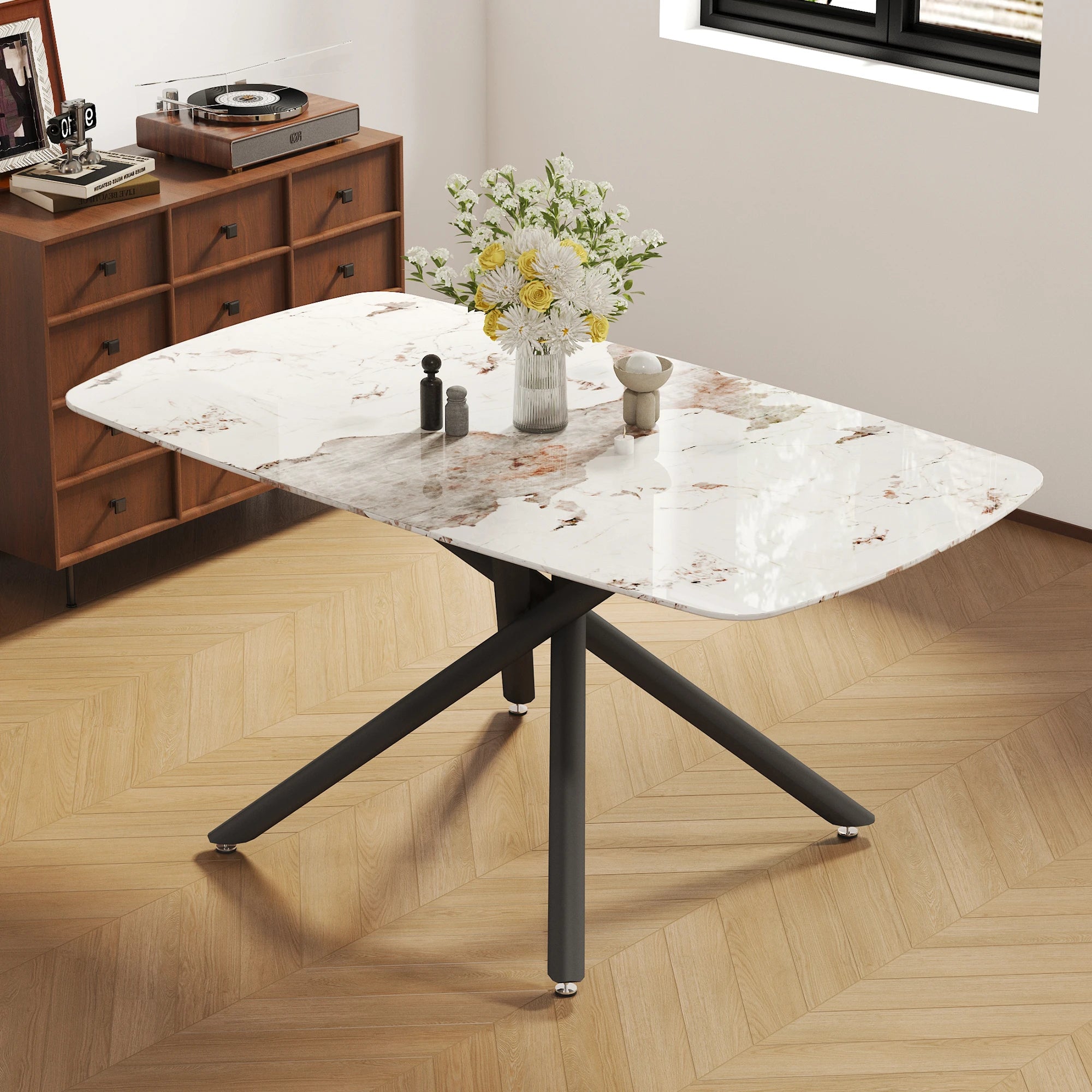 63" Dining Table, With Marble Patterned Tempered Glass Table Top And Metal Legs