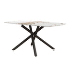 63" Dining Table, With Marble Patterned Tempered Glass Table Top And Metal Legs