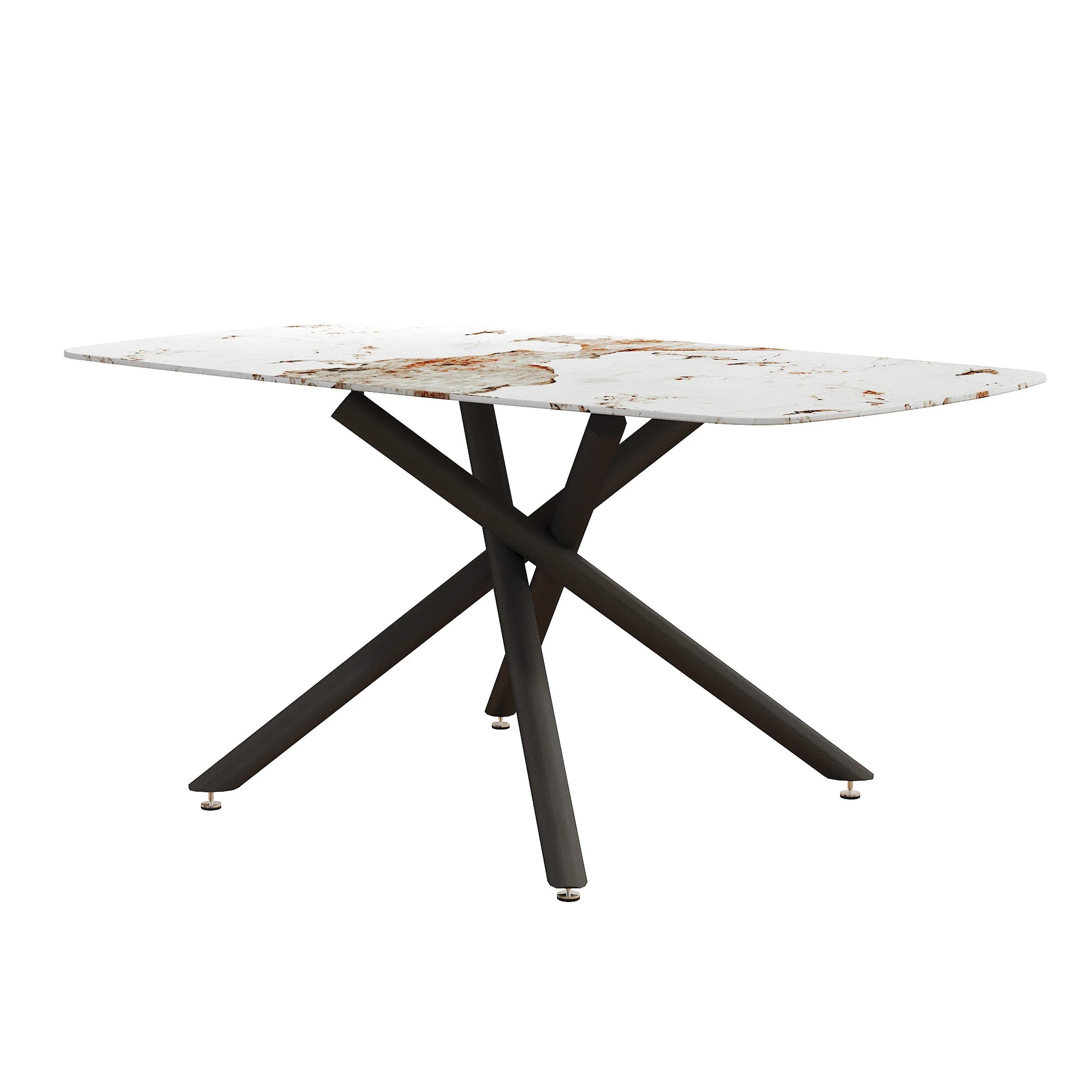 63" Dining Table, With Marble Patterned Tempered Glass Table Top And Metal Legs