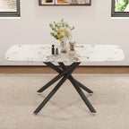 63" Dining Table, With Marble Patterned Tempered Glass Table Top And Metal Legs