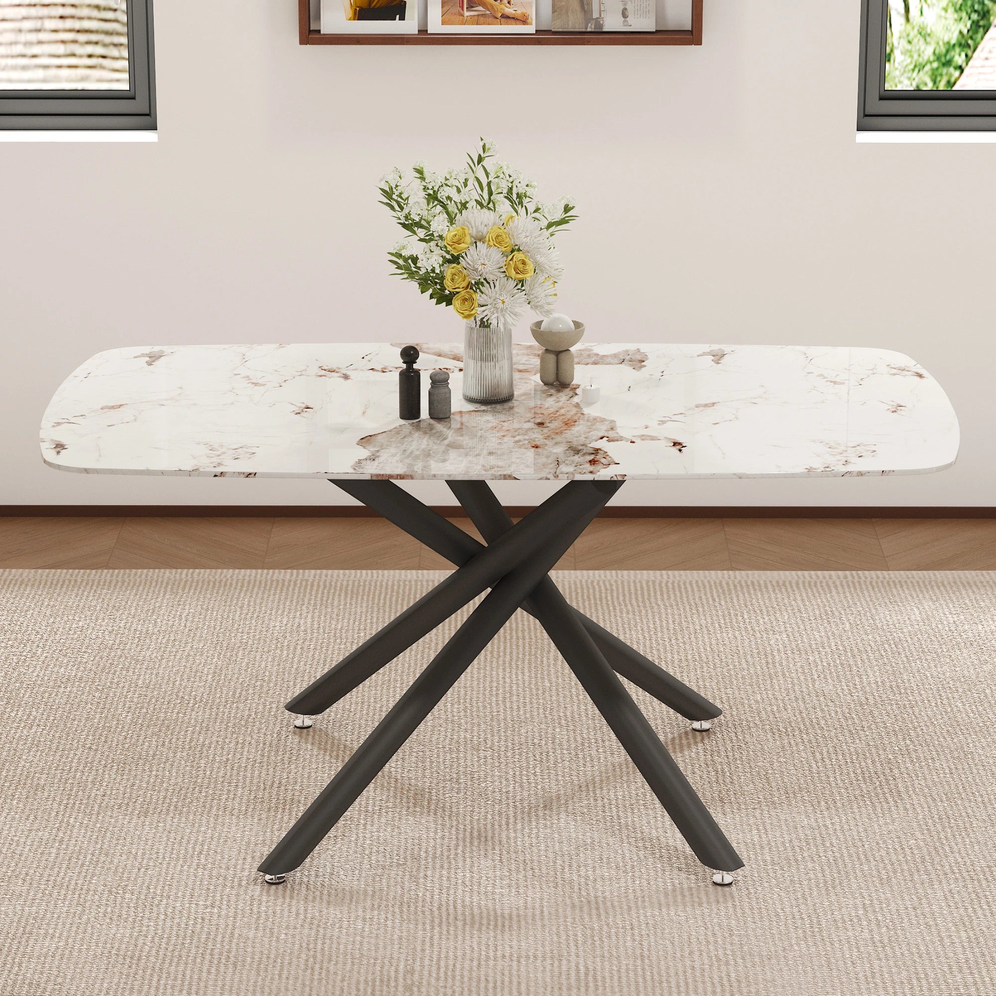 63" Dining Table, With Marble Patterned Tempered Glass Table Top And Metal Legs