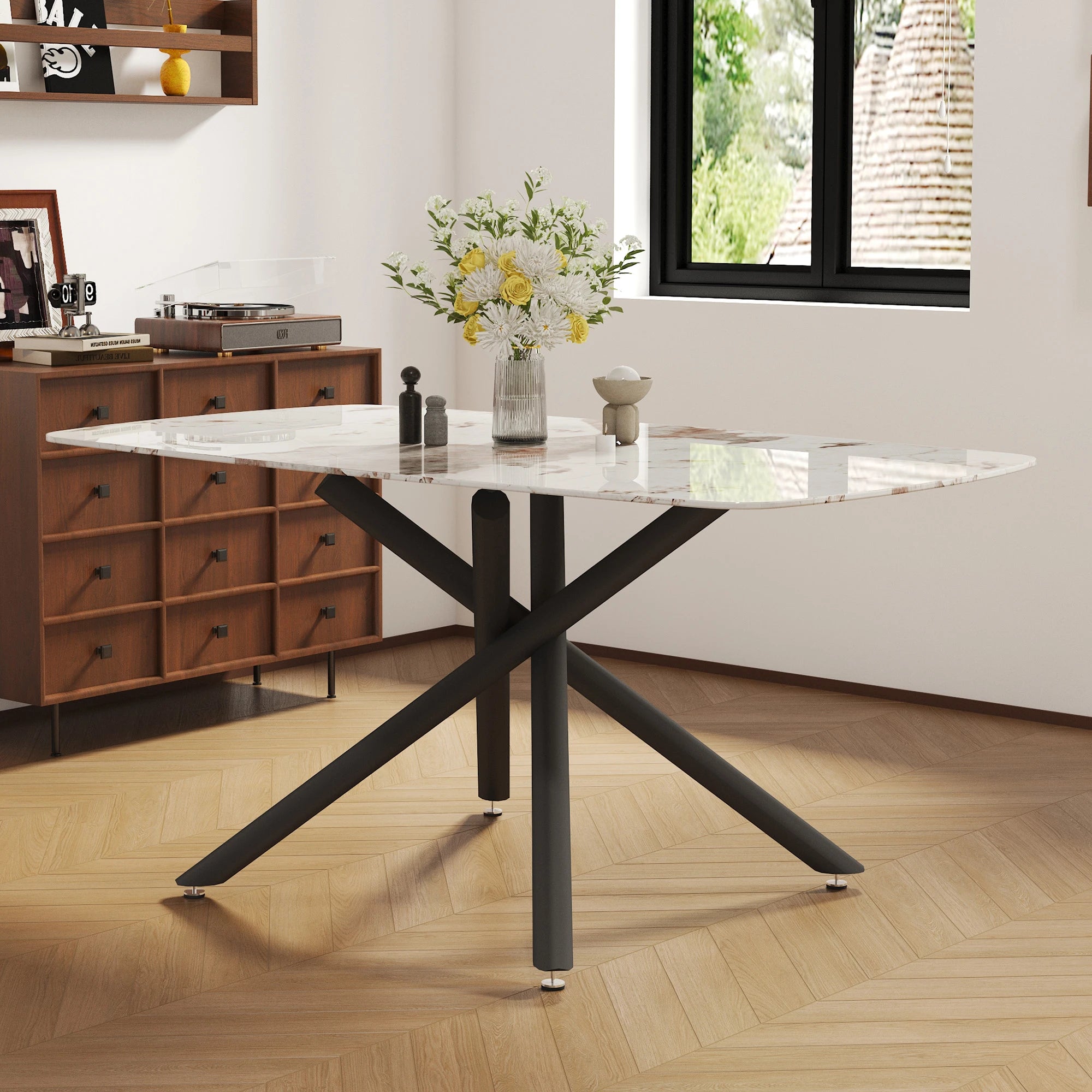 63" Dining Table, With Marble Patterned Tempered Glass Table Top And Metal Legs