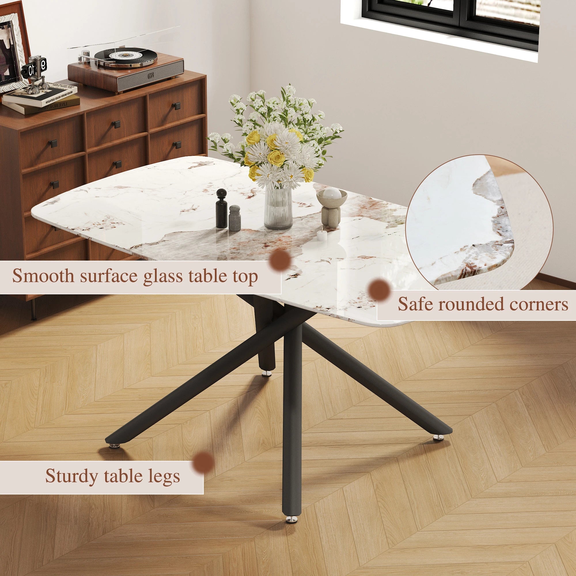63" Dining Table, With Marble Patterned Tempered Glass Table Top And Metal Legs